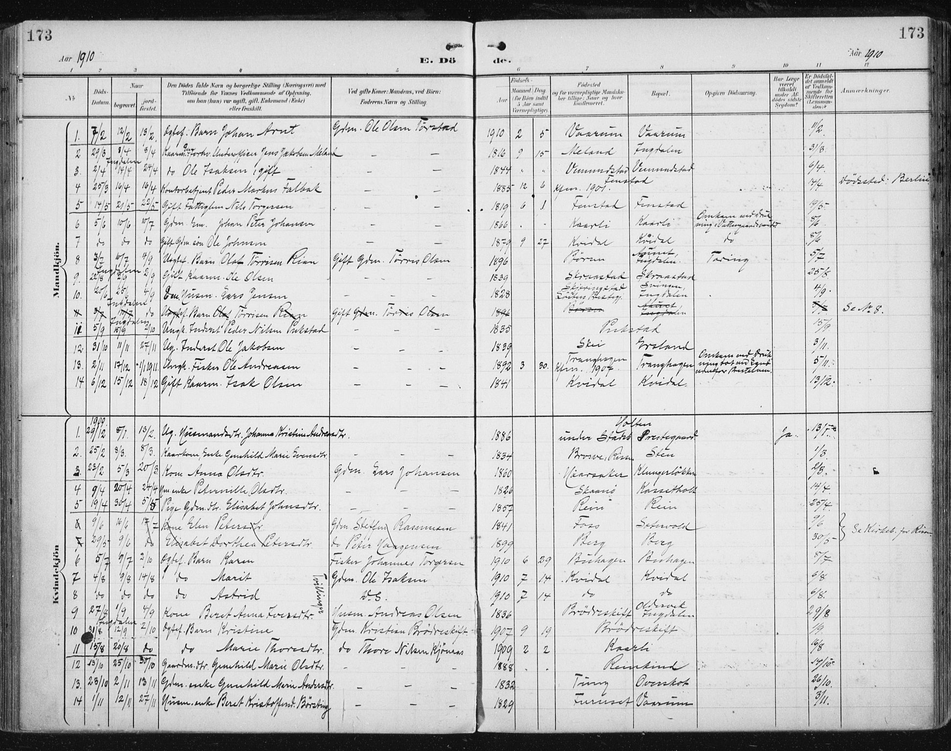 Ministerialprotokoller, klokkerbøker og fødselsregistre - Sør-Trøndelag, AV/SAT-A-1456/646/L0616: Parish register (official) no. 646A14, 1900-1918, p. 173