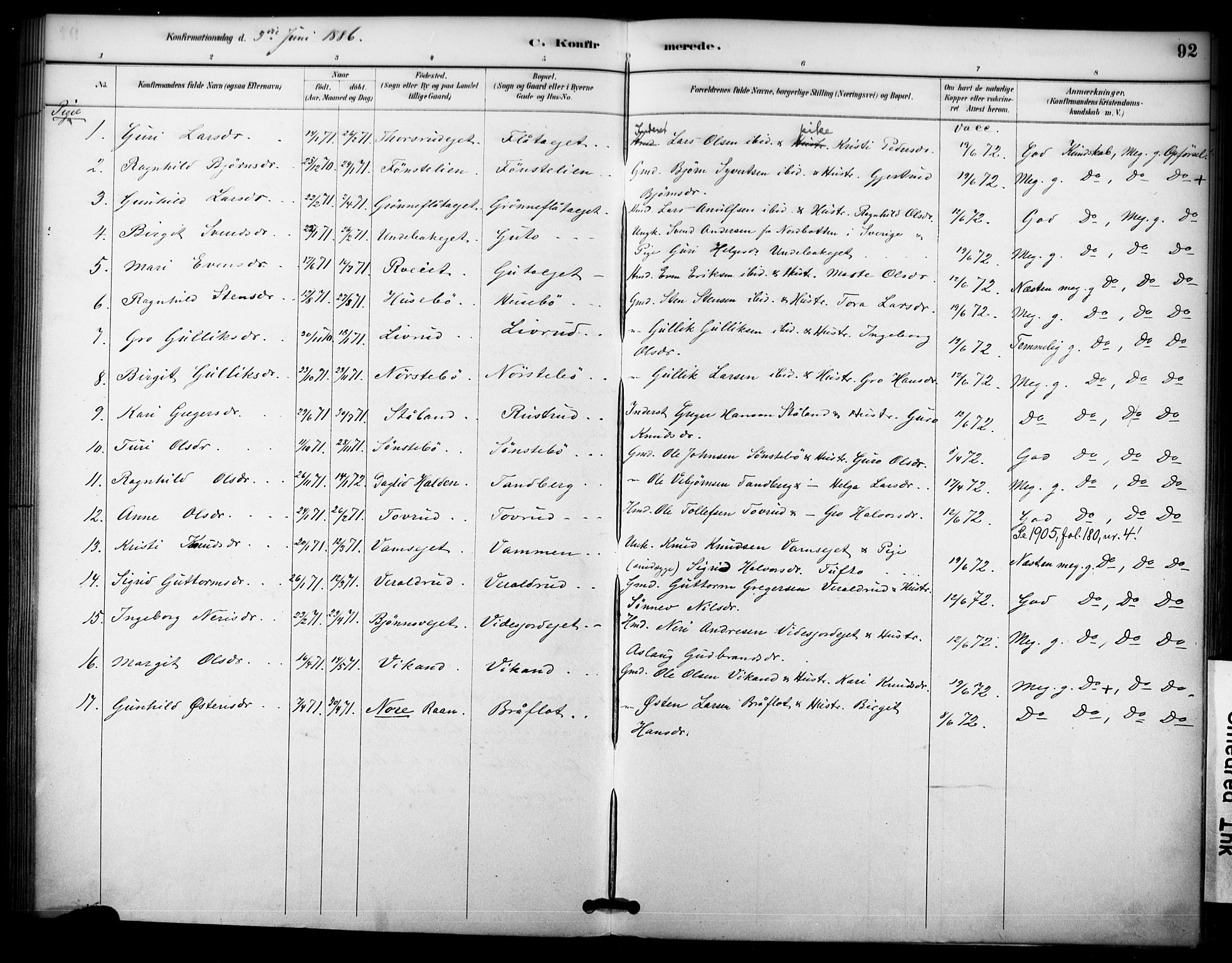 Nore kirkebøker, AV/SAKO-A-238/F/Fc/L0004: Parish register (official) no. III 4, 1885-1898, p. 92