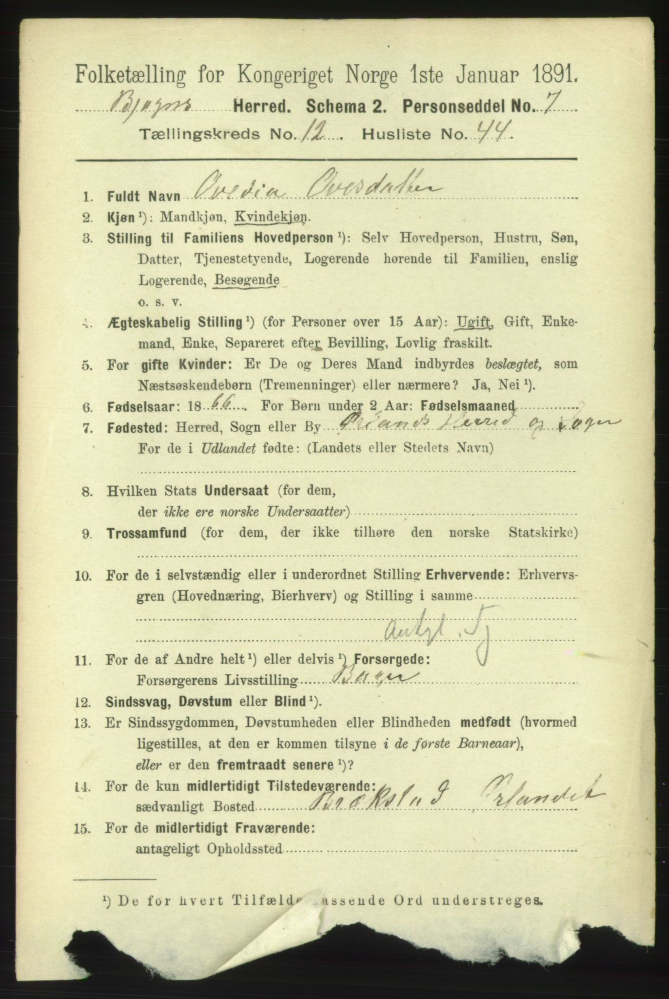 RA, 1891 census for 1627 Bjugn, 1891, p. 3728