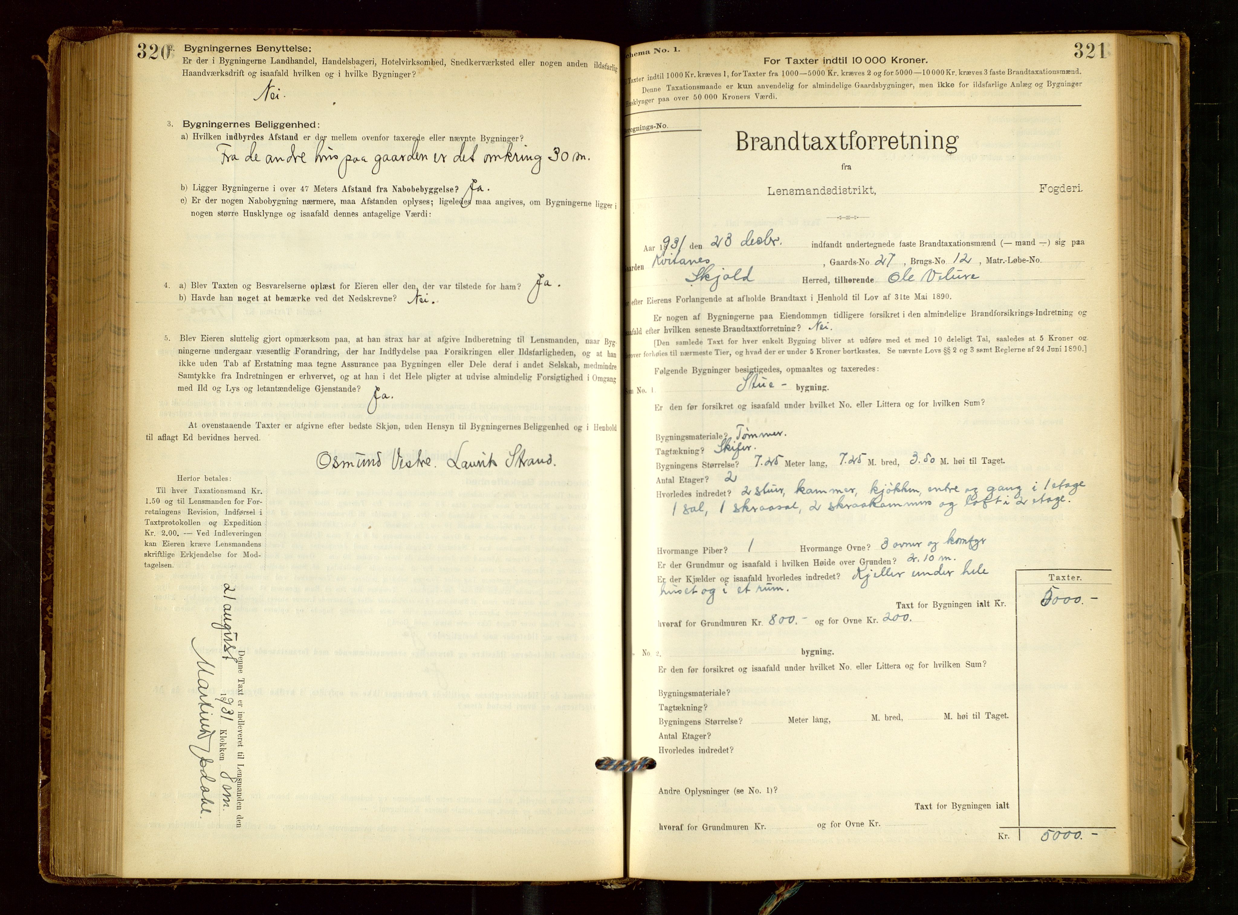Skjold lensmannskontor, SAST/A-100182/Gob/L0001: "Brandtaxationsprotokol for Skjold Lensmandsdistrikt Ryfylke Fogderi", 1894-1939, p. 320-321