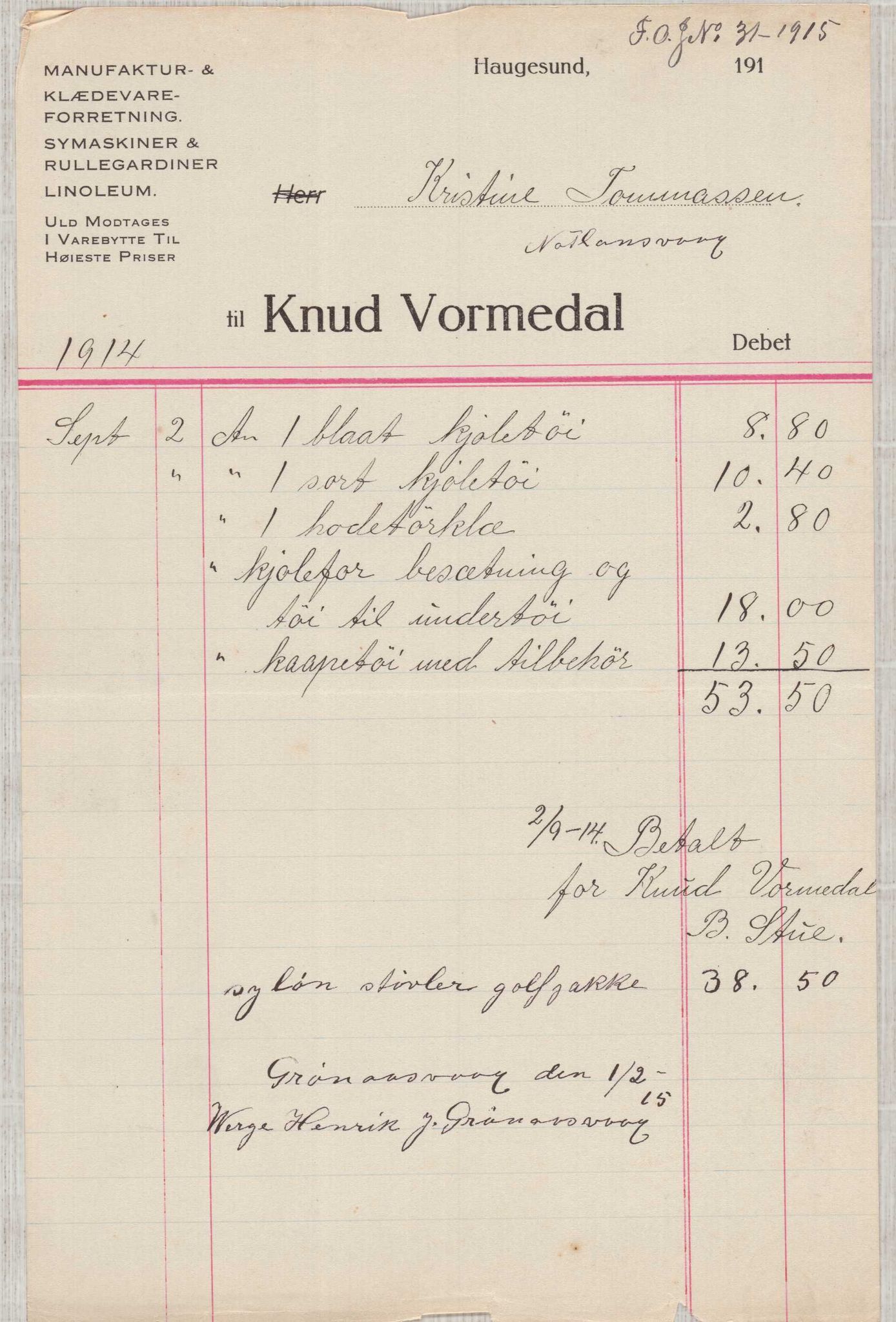 Finnaas kommune. Overformynderiet, IKAH/1218a-812/D/Da/Daa/L0003/0001: Kronologisk ordna korrespondanse / Kronologisk ordna korrespondanse, 1914-1916, p. 51