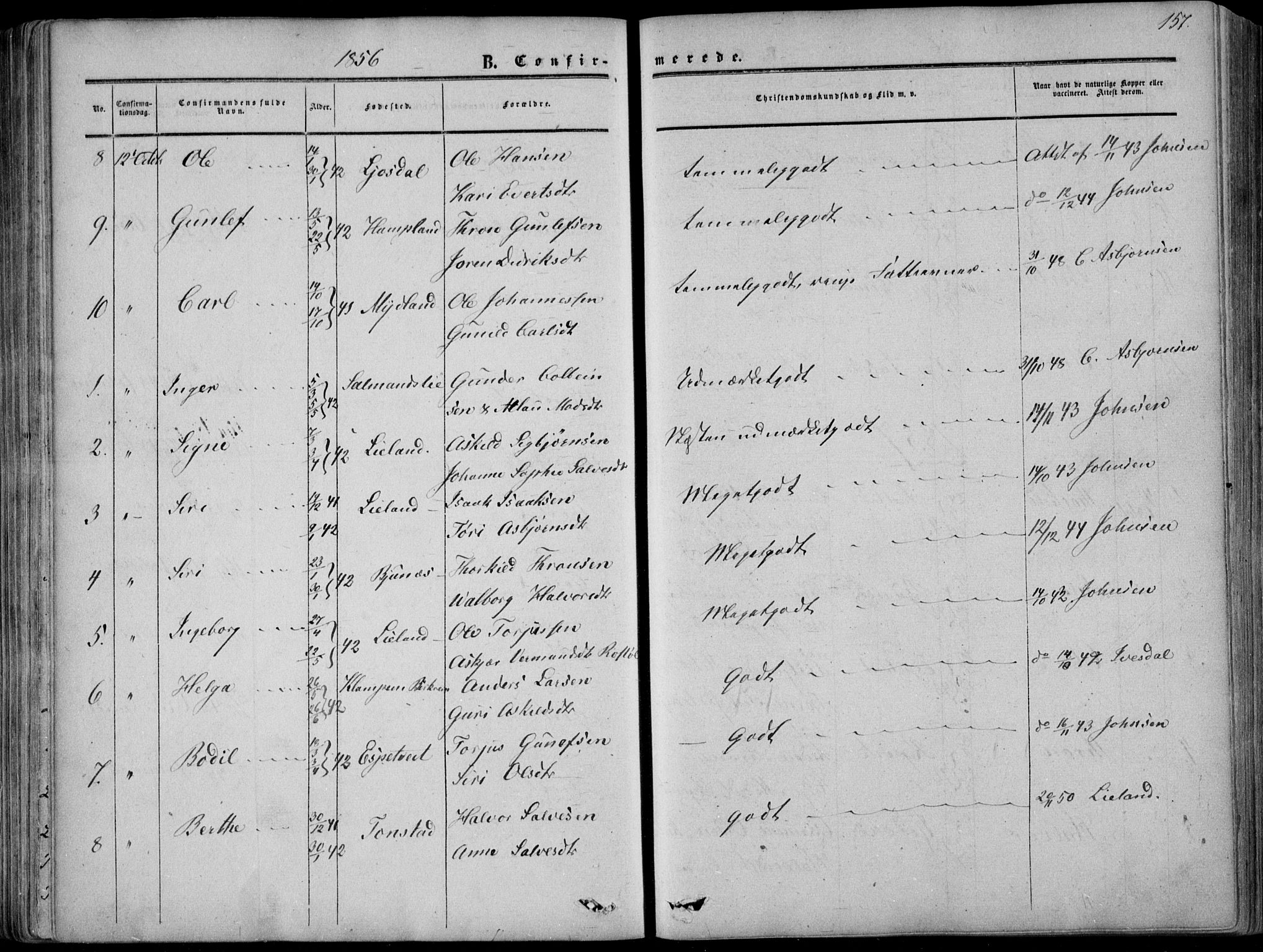 Sirdal sokneprestkontor, AV/SAK-1111-0036/F/Fa/Fab/L0002: Parish register (official) no. A 2, 1855-1874, p. 157