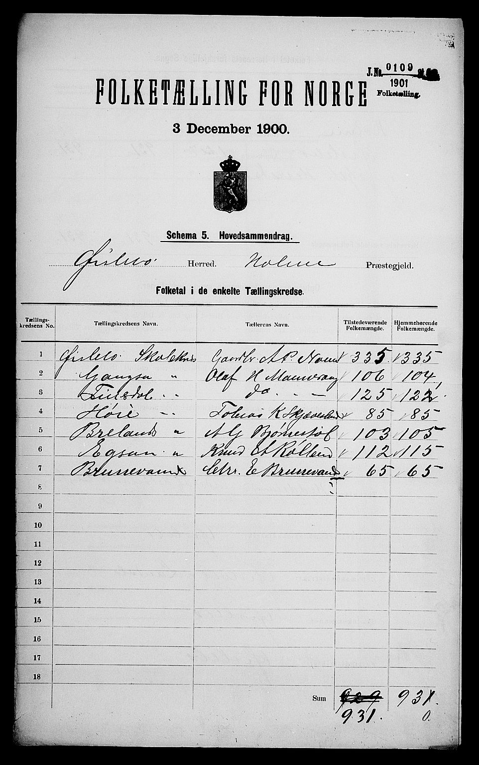 SAK, 1900 census for Øyslebø, 1900, p. 2