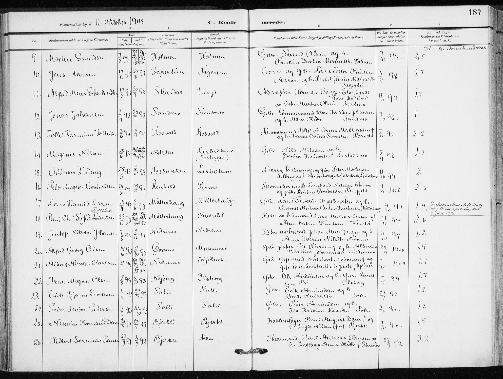 Målselv sokneprestembete, AV/SATØ-S-1311/G/Ga/Gaa/L0011kirke: Parish register (official) no. 11, 1904-1918, p. 187