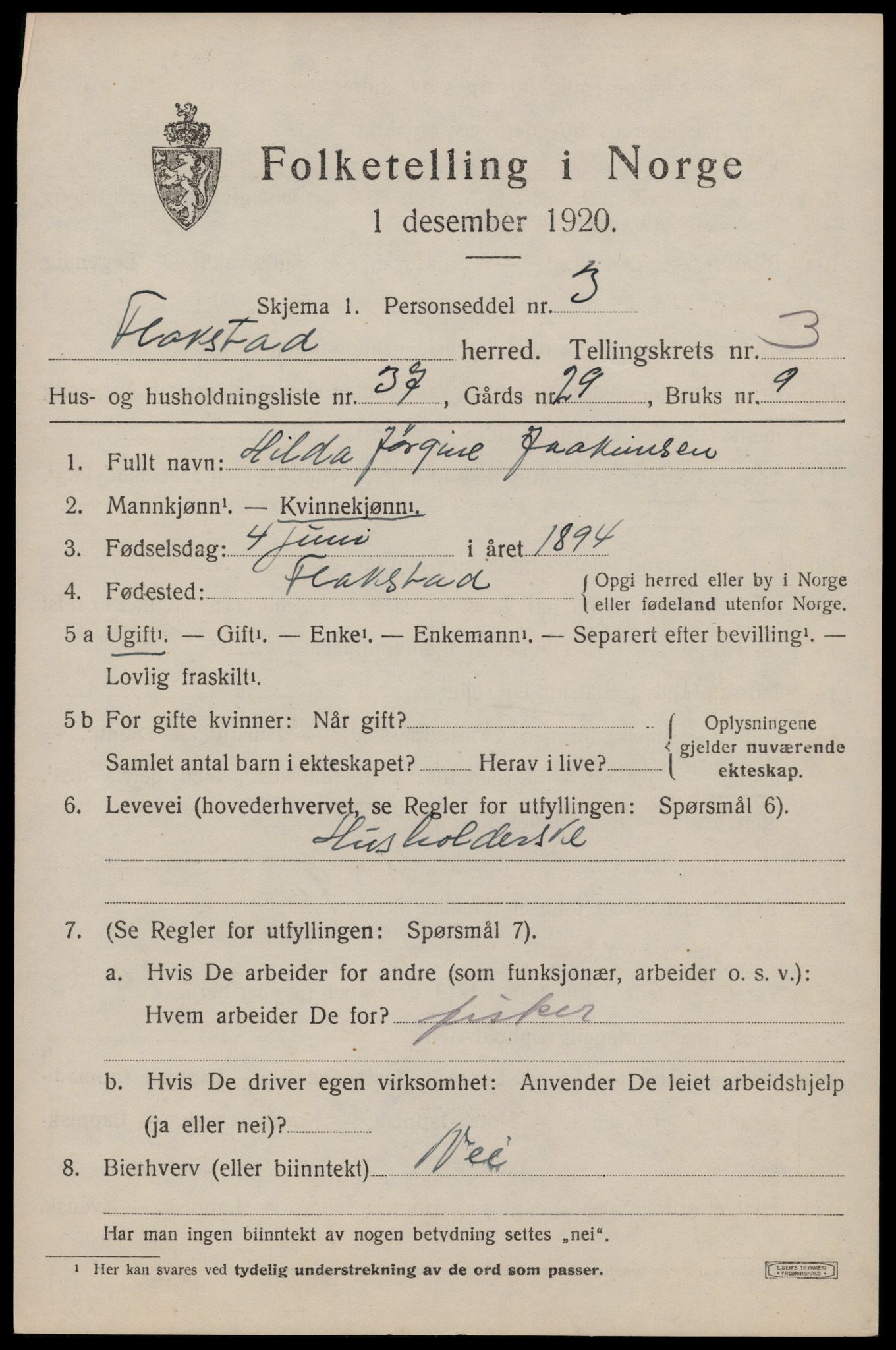 SAT, 1920 census for Flakstad, 1920, p. 2649