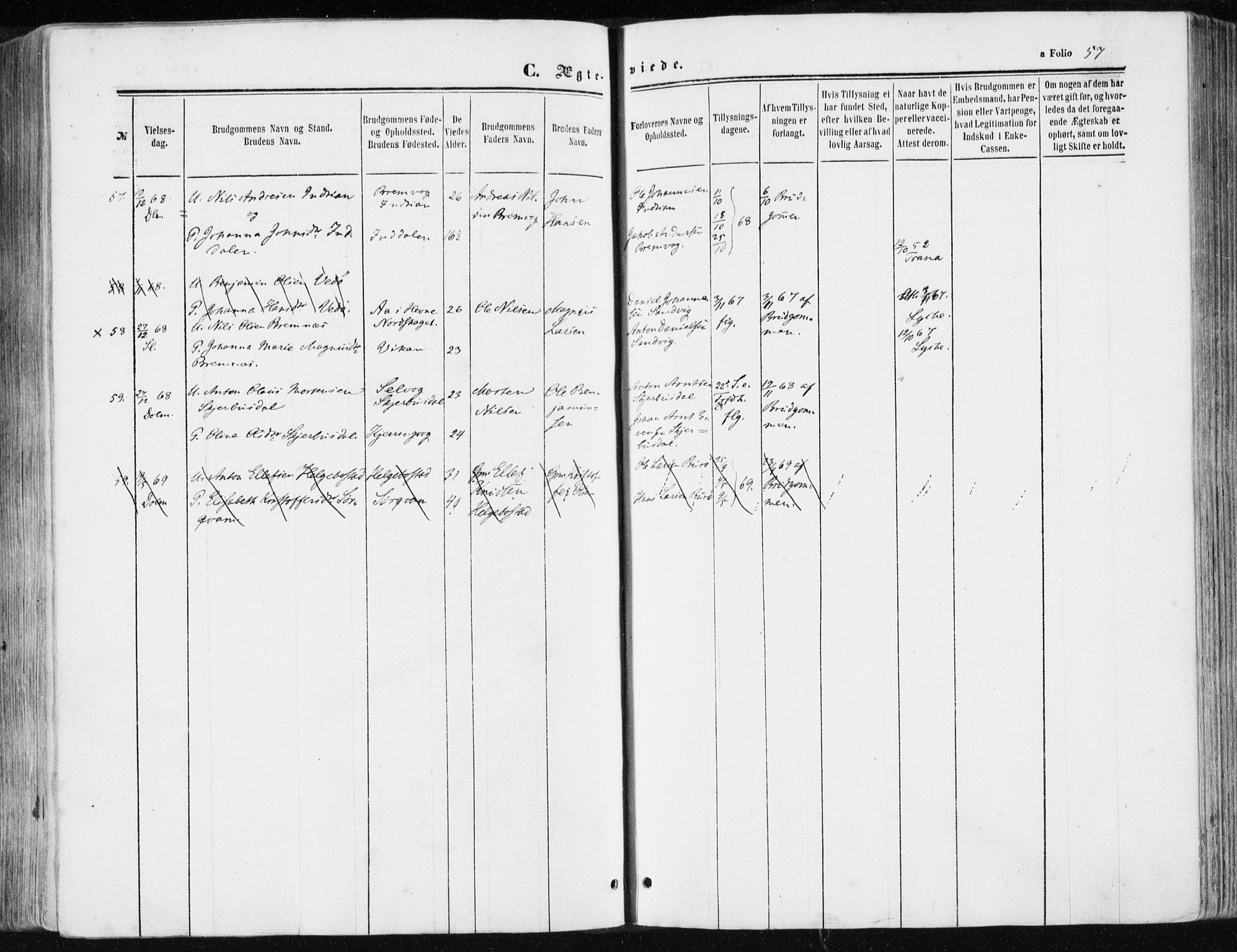 Ministerialprotokoller, klokkerbøker og fødselsregistre - Sør-Trøndelag, SAT/A-1456/634/L0531: Parish register (official) no. 634A07, 1861-1870, p. 57