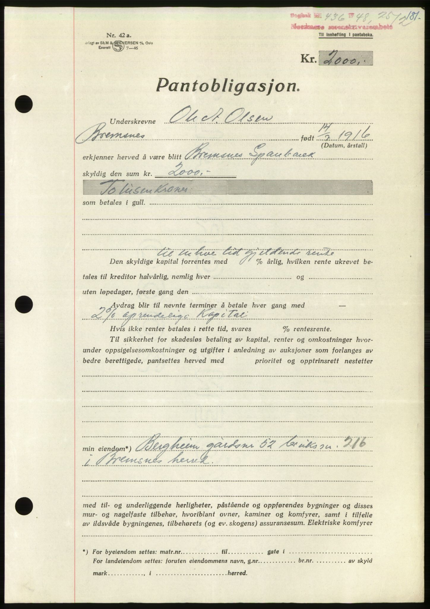 Nordmøre sorenskriveri, AV/SAT-A-4132/1/2/2Ca: Mortgage book no. B98, 1948-1948, Diary no: : 436/1948