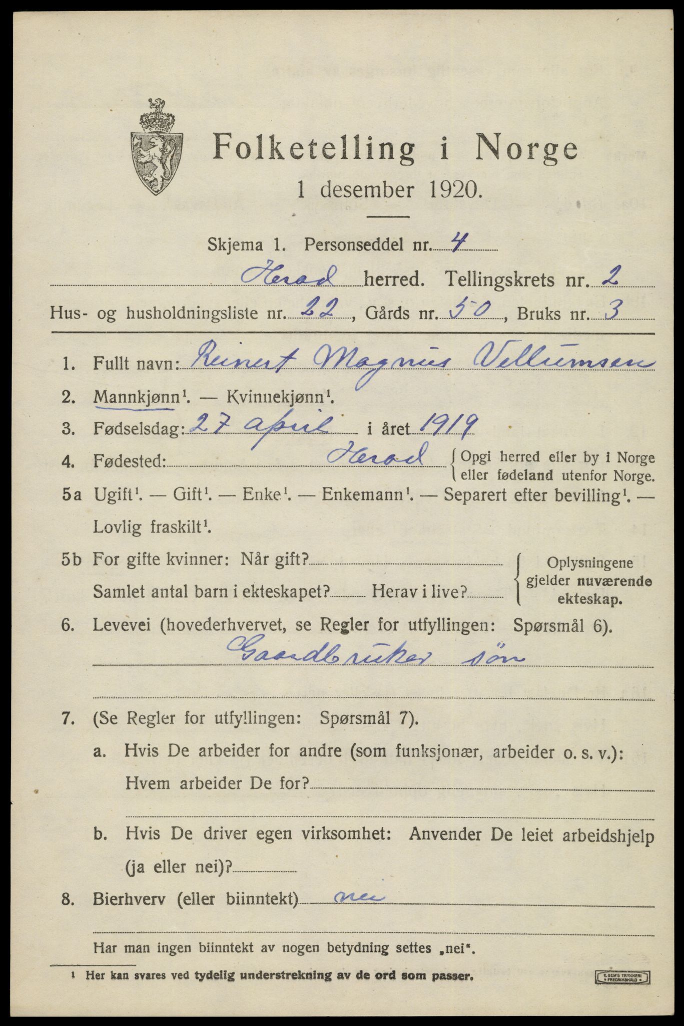 SAK, 1920 census for Herad, 1920, p. 1278