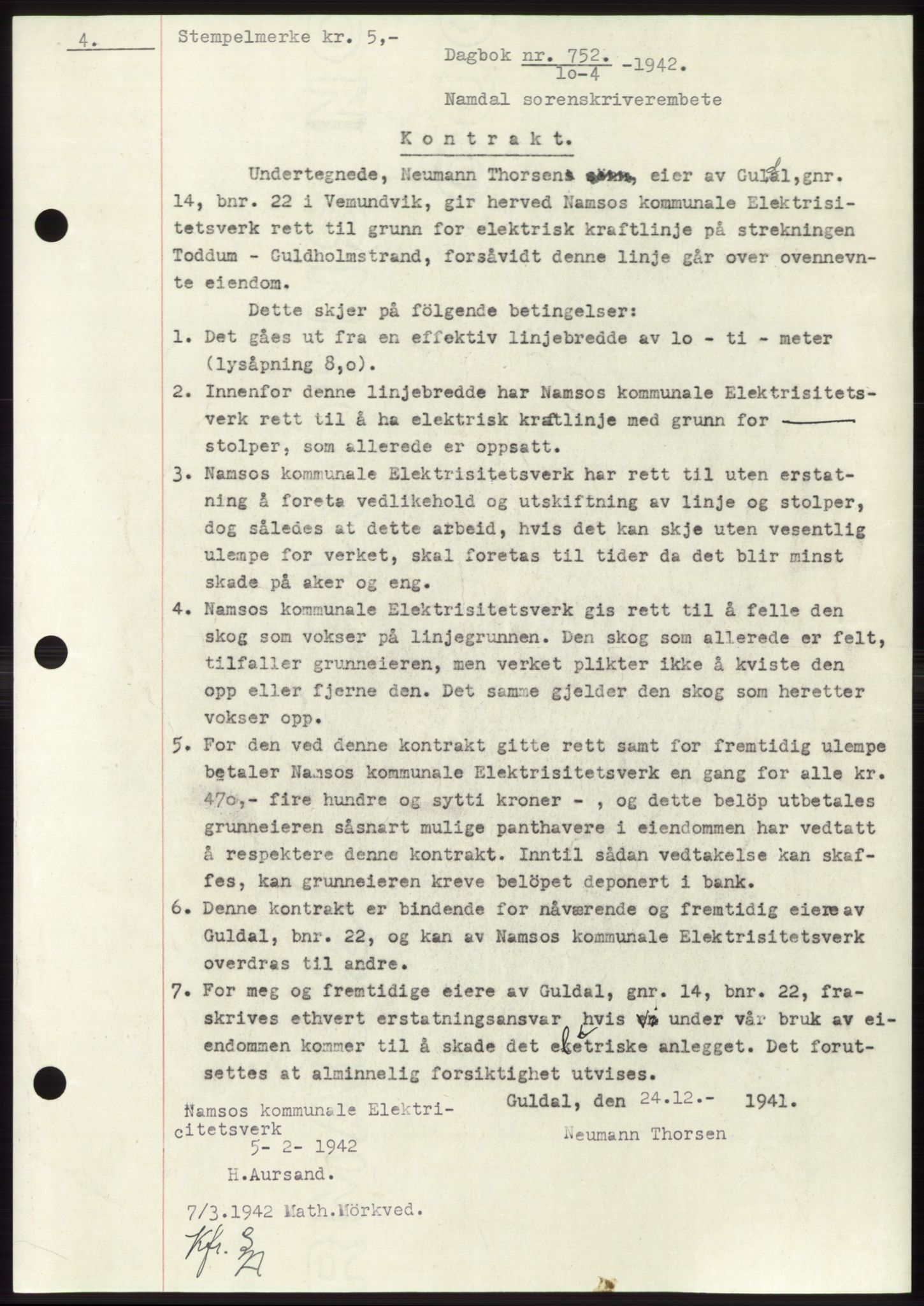 Namdal sorenskriveri, SAT/A-4133/1/2/2C: Mortgage book no. -, 1941-1942, Diary no: : 752/1942