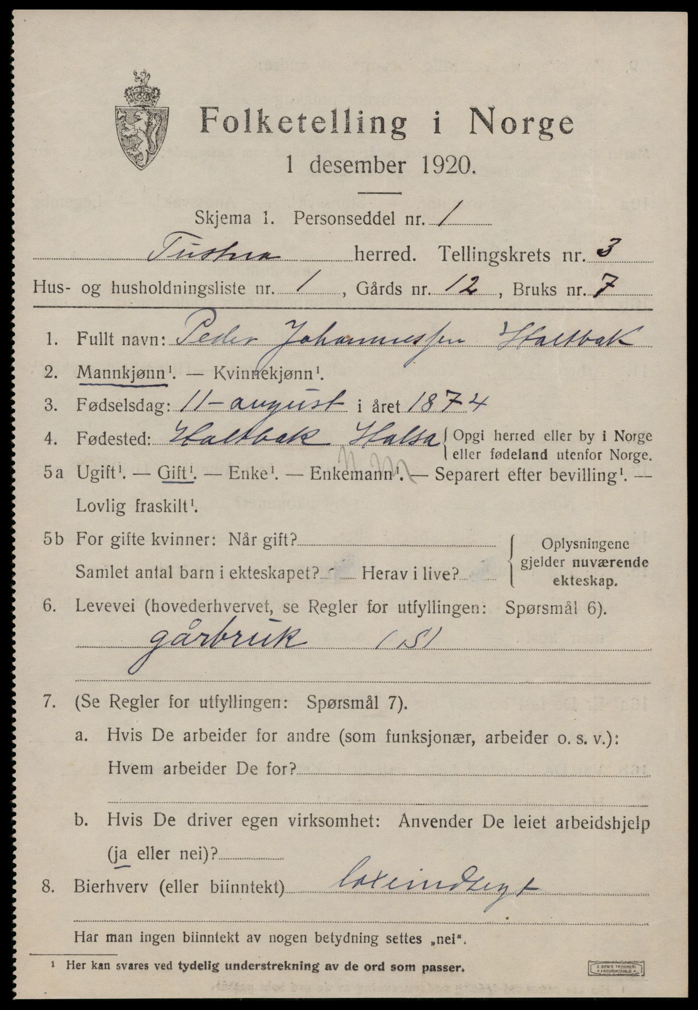 SAT, 1920 census for Tustna, 1920, p. 1457