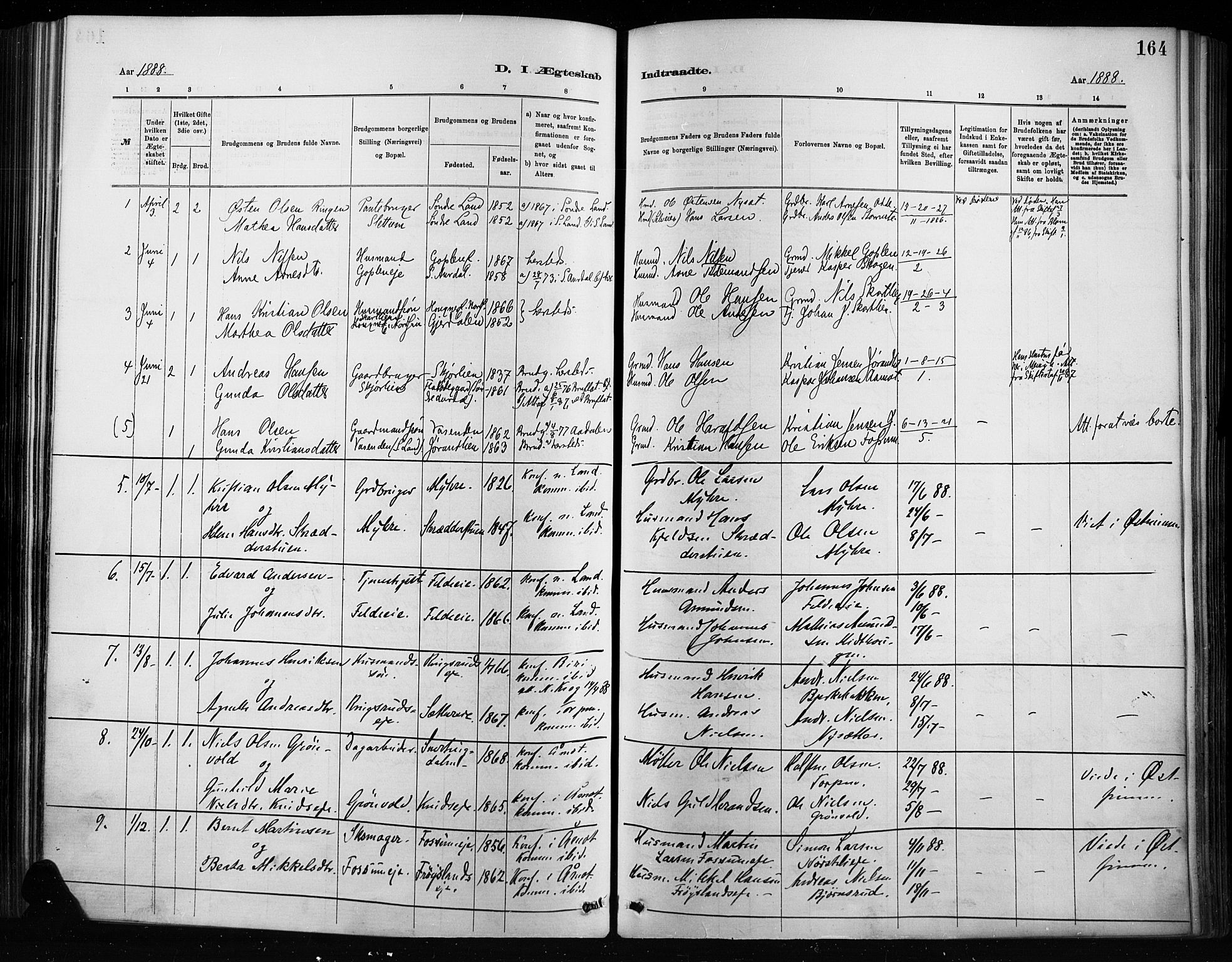 Nordre Land prestekontor, AV/SAH-PREST-124/H/Ha/Haa/L0004: Parish register (official) no. 4, 1882-1896, p. 164