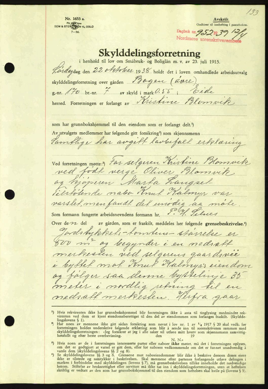 Nordmøre sorenskriveri, AV/SAT-A-4132/1/2/2Ca: Mortgage book no. A86, 1939-1939, Diary no: : 952/1939