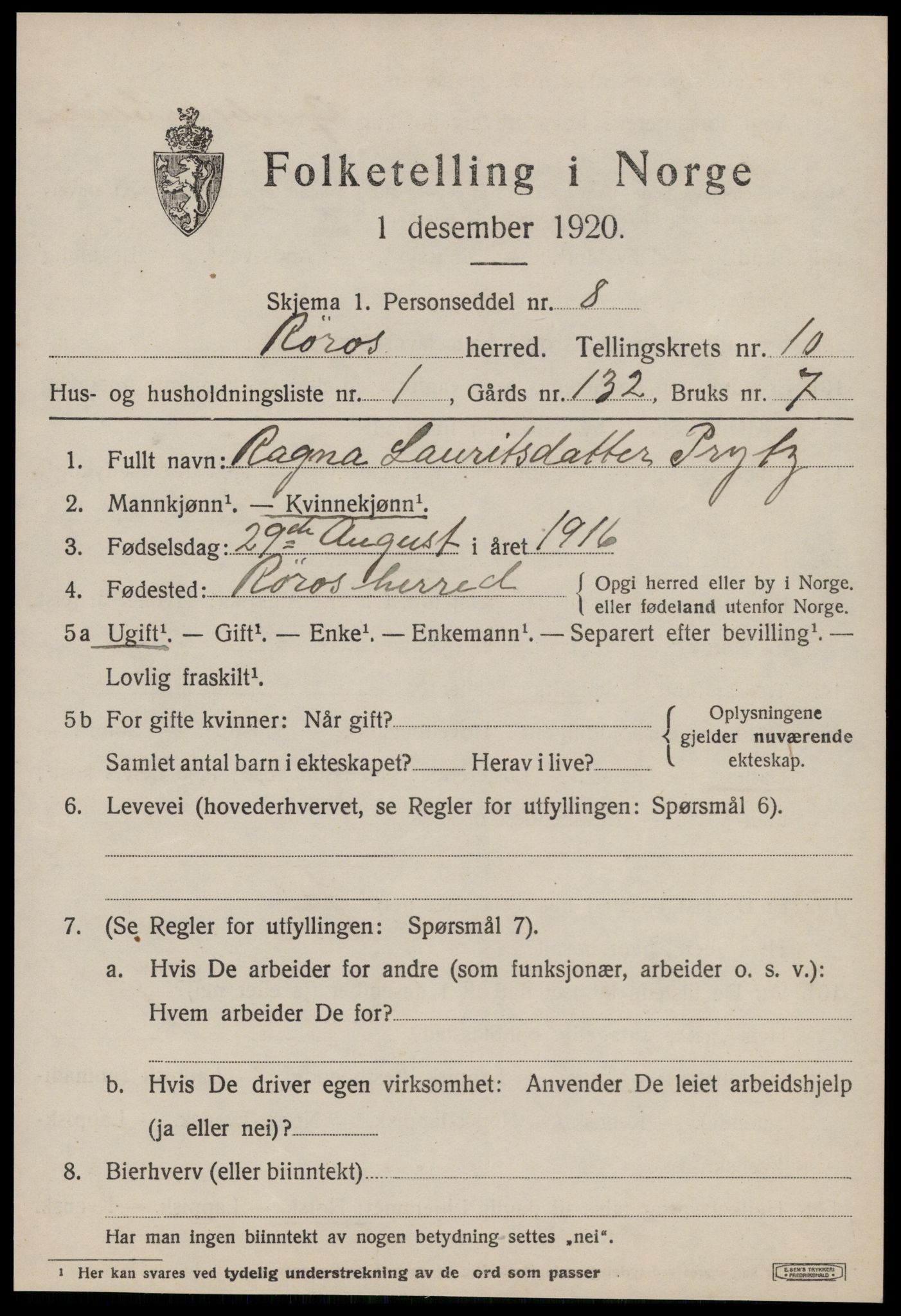 SAT, 1920 census for Røros, 1920, p. 8176