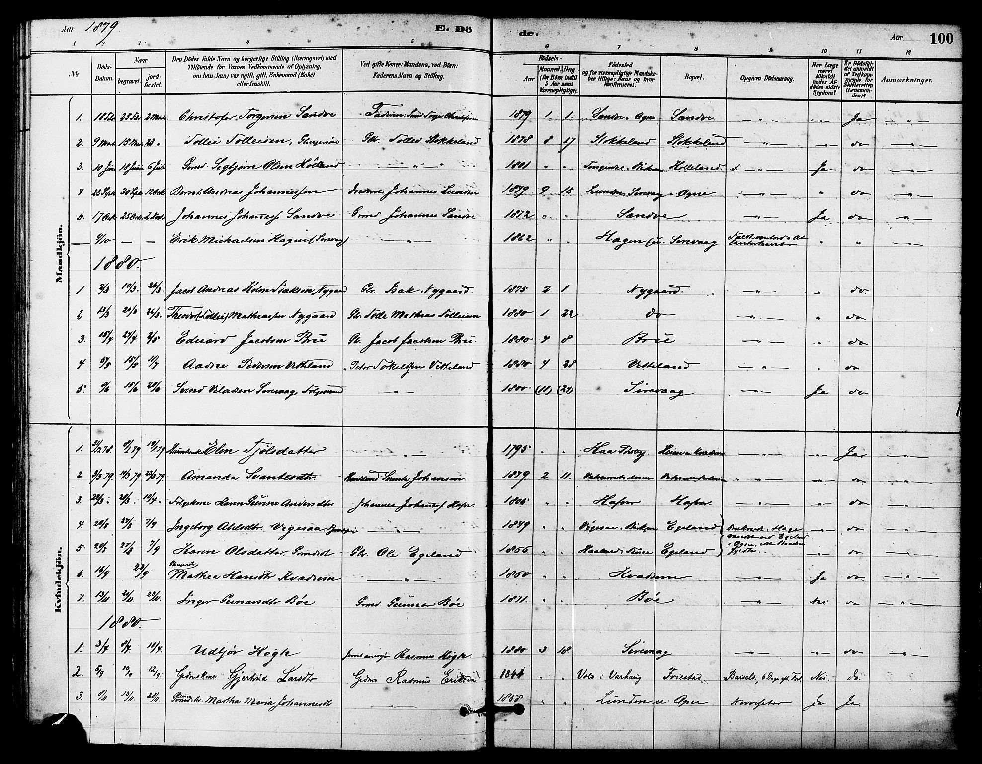 Eigersund sokneprestkontor, SAST/A-101807/S08/L0016: Parish register (official) no. A 16, 1879-1893, p. 100