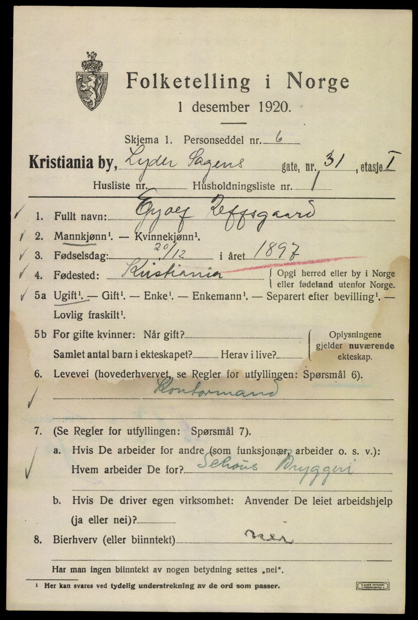 SAO, 1920 census for Kristiania, 1920, p. 366919