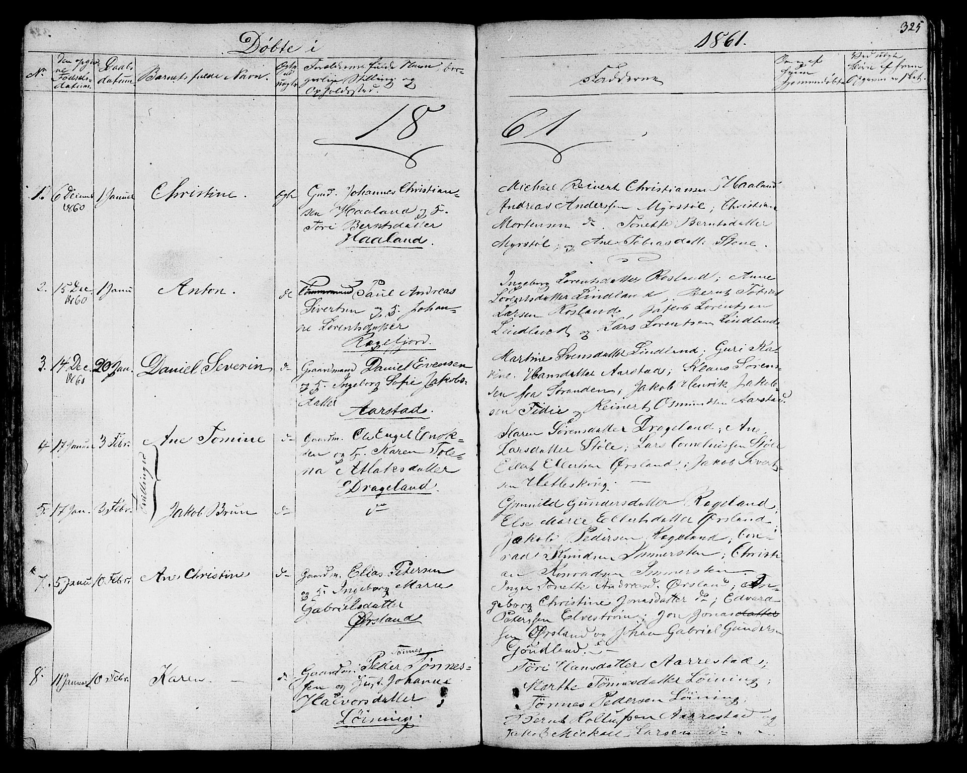 Sokndal sokneprestkontor, SAST/A-101808: Parish register (copy) no. B 2, 1849-1865, p. 325