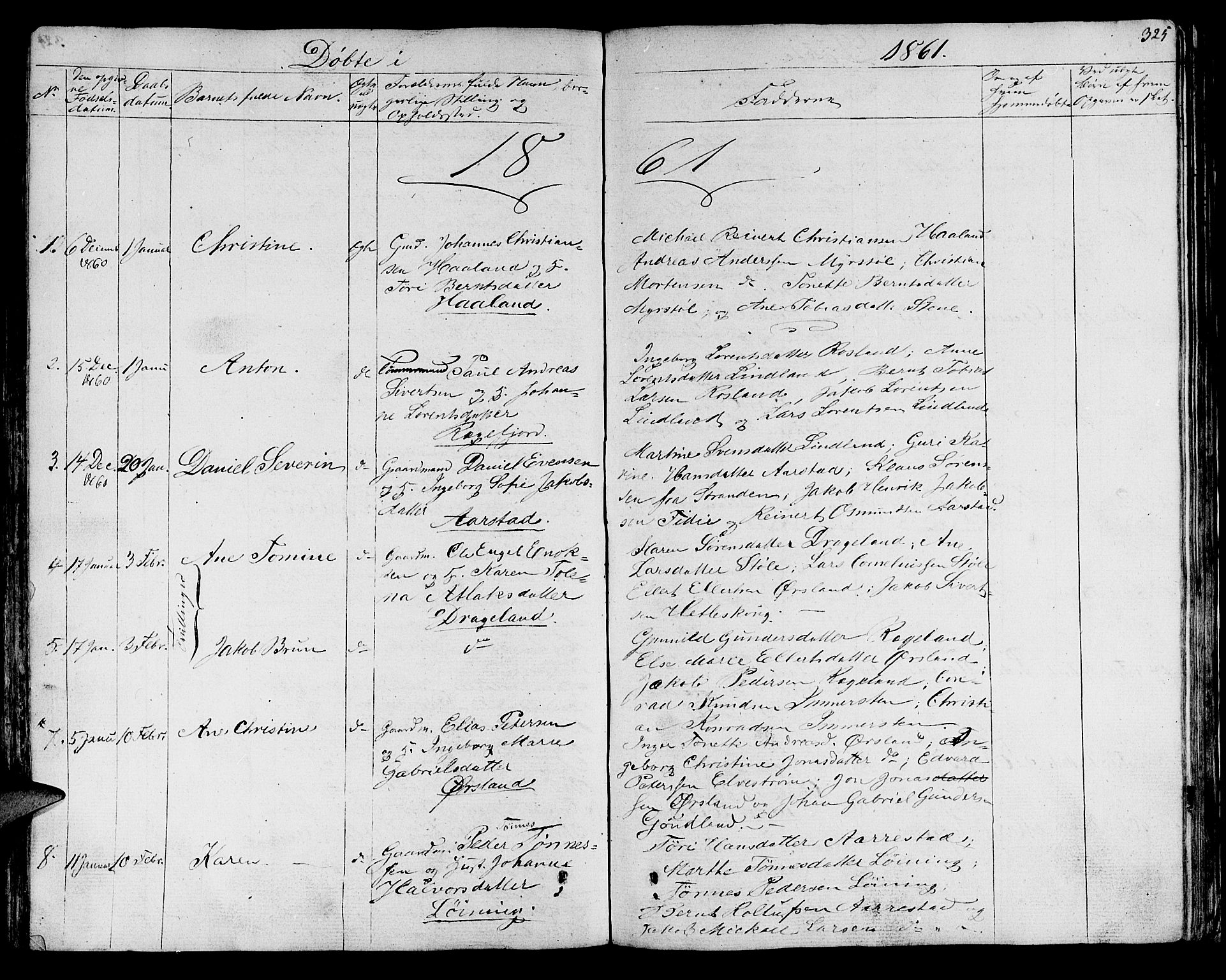 Sokndal sokneprestkontor, AV/SAST-A-101808: Parish register (copy) no. B 2, 1849-1865, p. 325