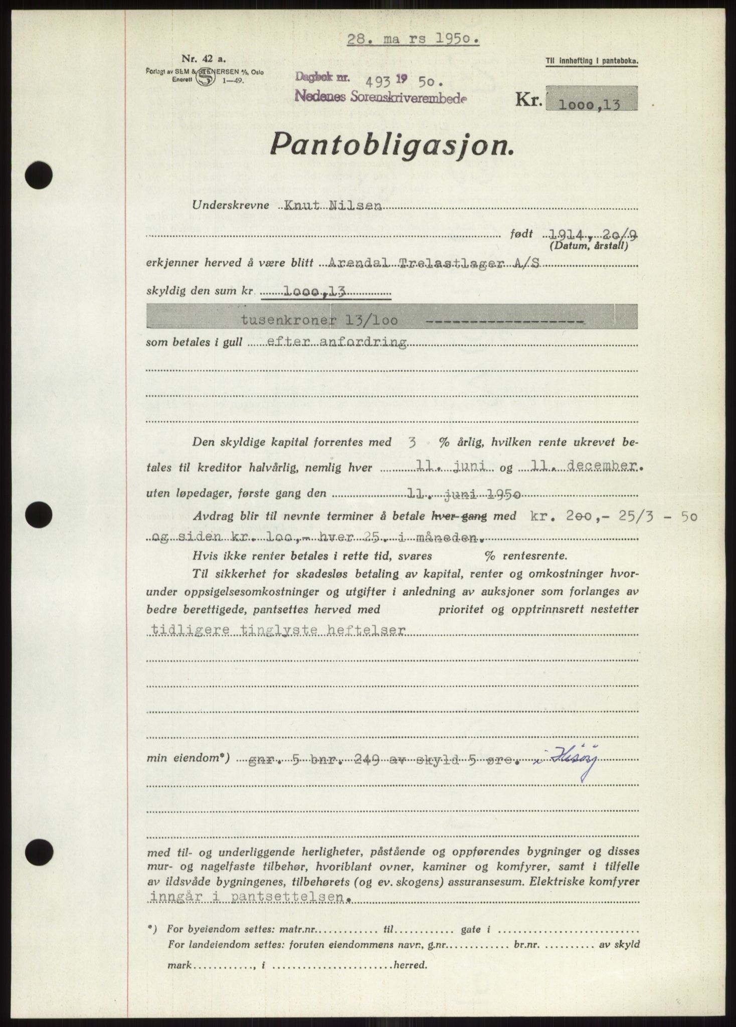 Nedenes sorenskriveri, AV/SAK-1221-0006/G/Gb/Gbb/L0007: Mortgage book no. B7, 1949-1950, Diary no: : 493/1950