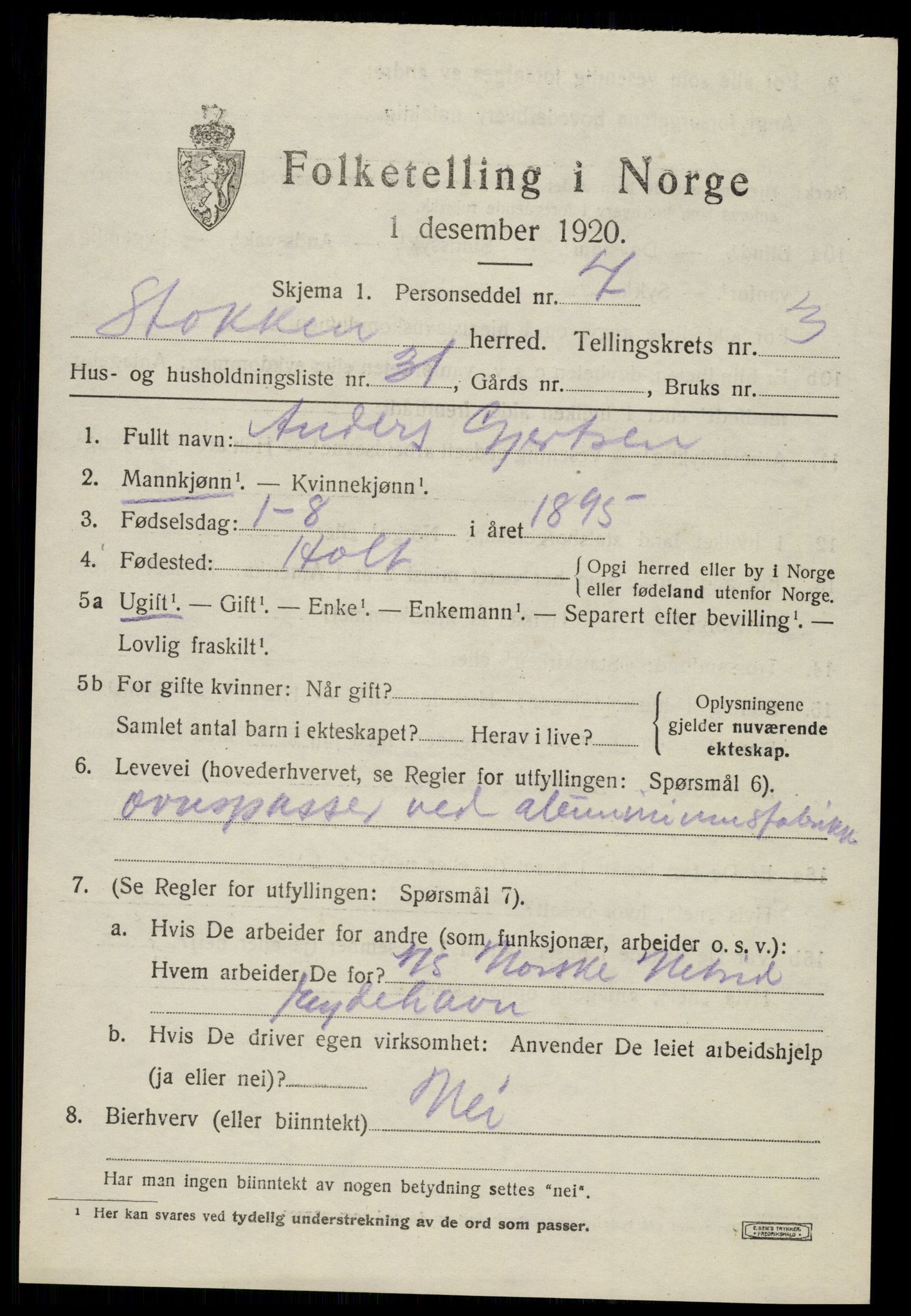 SAK, 1920 census for Stokken, 1920, p. 2450