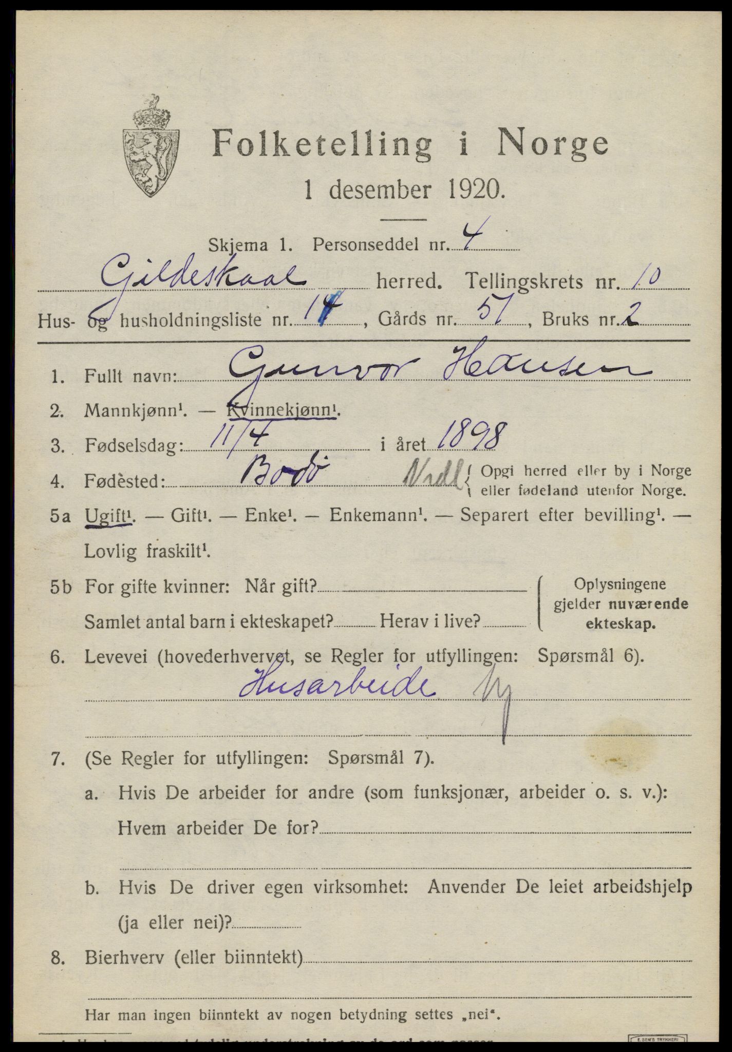 SAT, 1920 census for Gildeskål, 1920, p. 6186