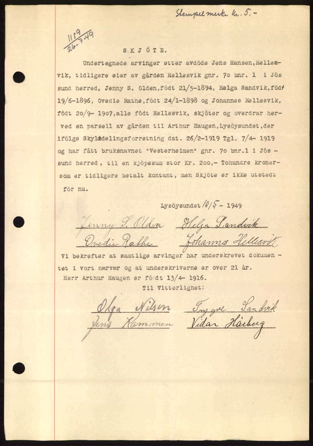 Fosen sorenskriveri, AV/SAT-A-1107/1/2/2C: Mortgage book no. A9, 1948-1949, Diary no: : 1119/1949