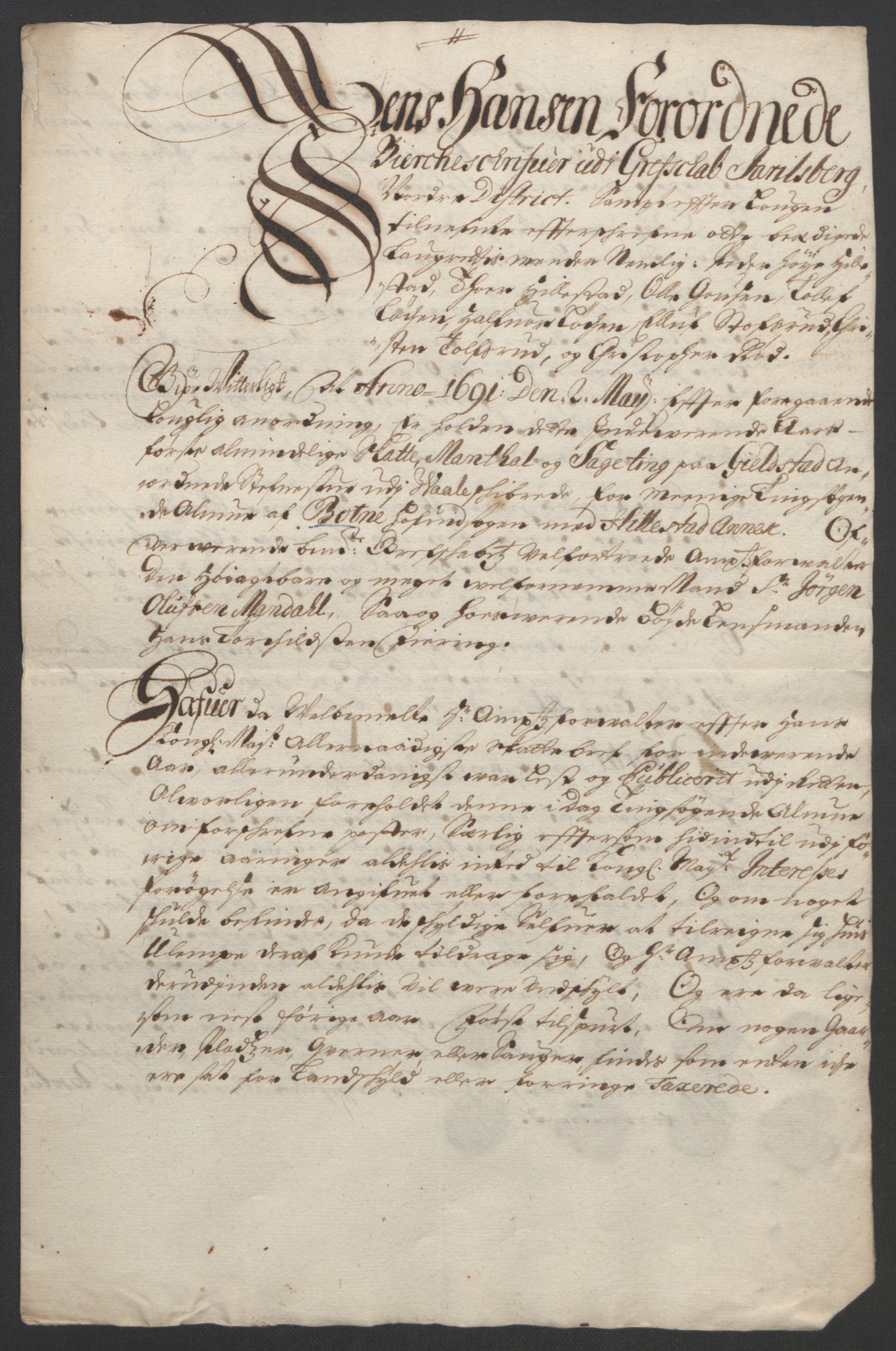 Rentekammeret inntil 1814, Reviderte regnskaper, Fogderegnskap, AV/RA-EA-4092/R32/L1864: Fogderegnskap Jarlsberg grevskap, 1691, p. 439