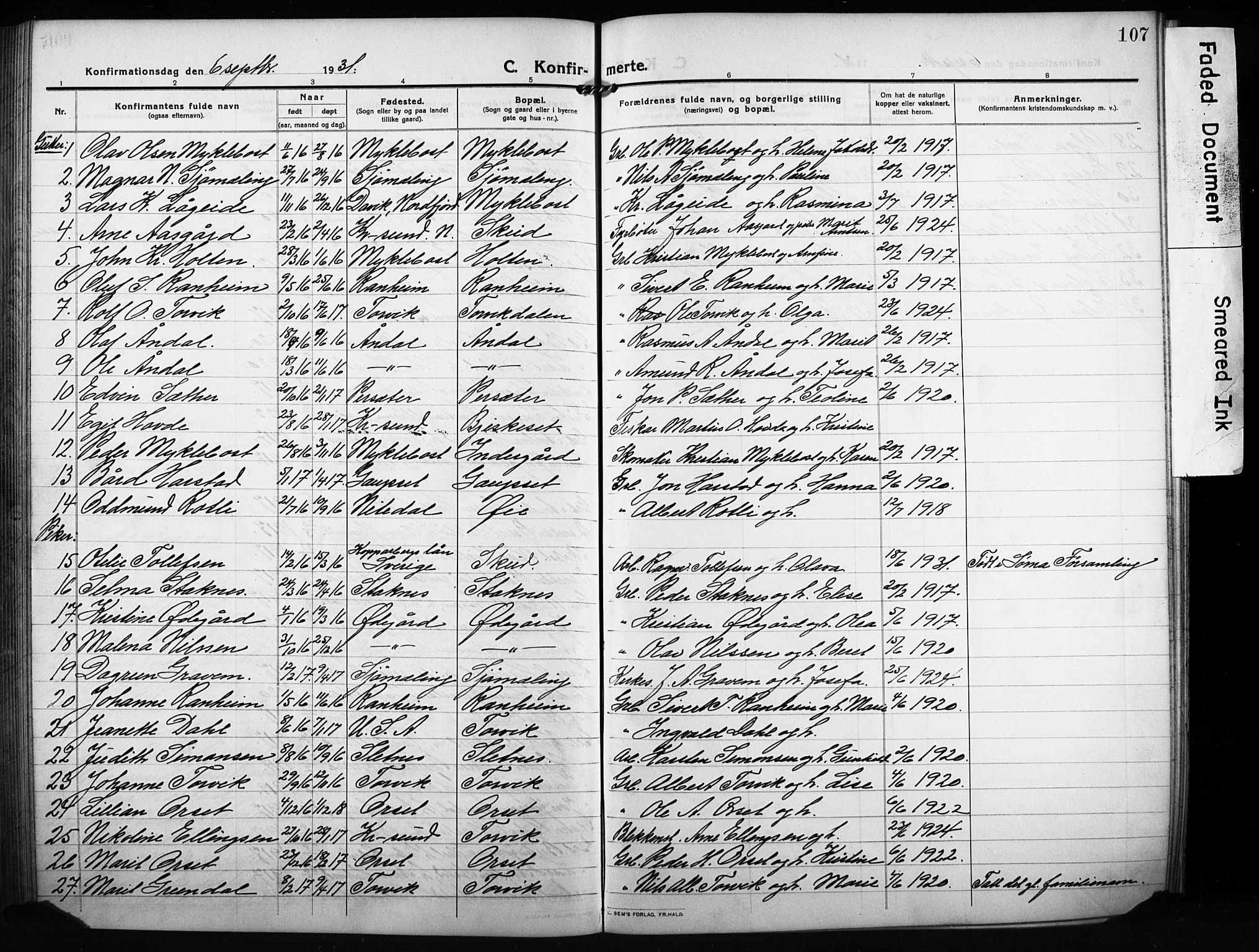 Ministerialprotokoller, klokkerbøker og fødselsregistre - Møre og Romsdal, AV/SAT-A-1454/584/L0970: Parish register (copy) no. 584C03, 1912-1932, p. 107