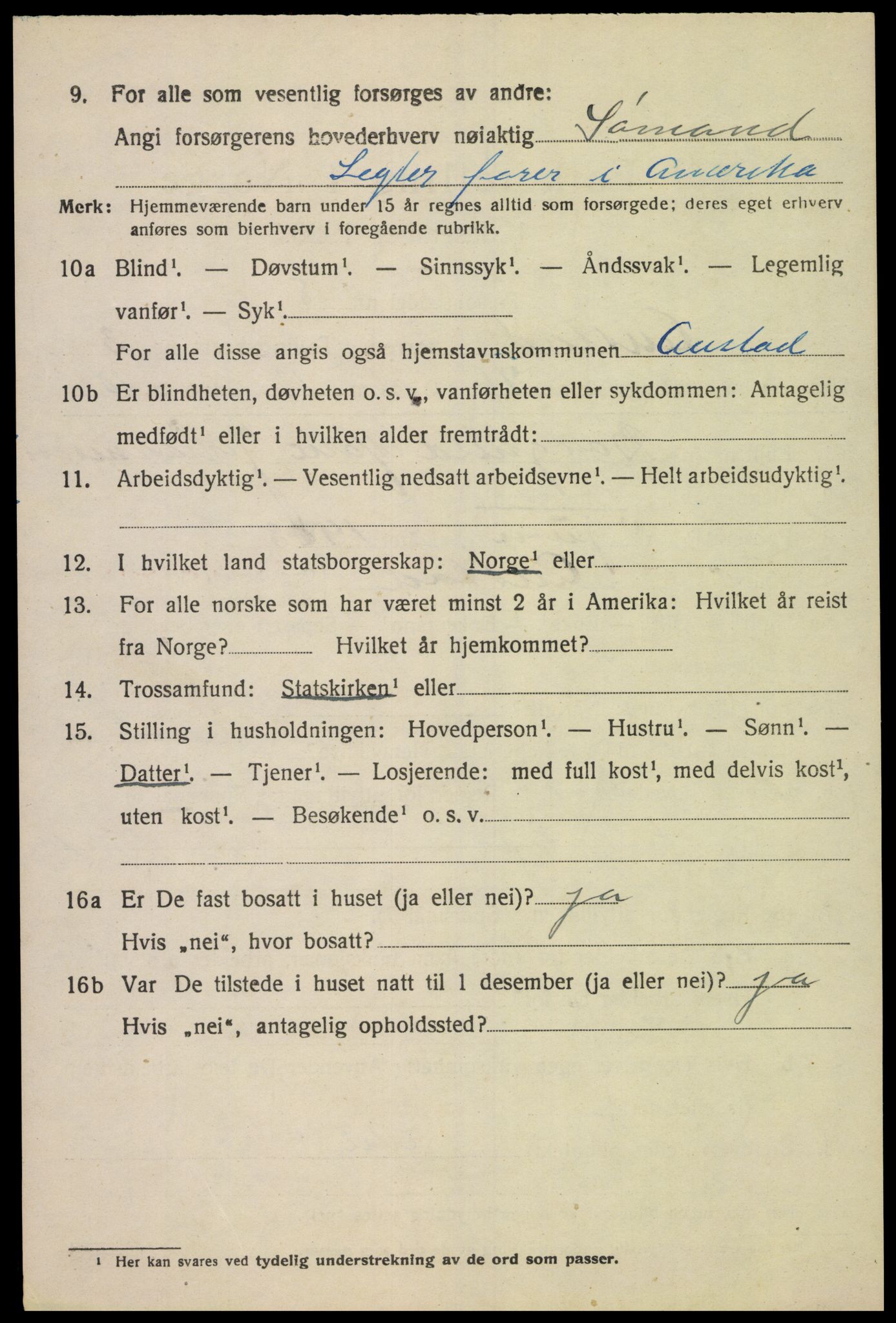 SAK, 1920 census for Austad, 1920, p. 1364