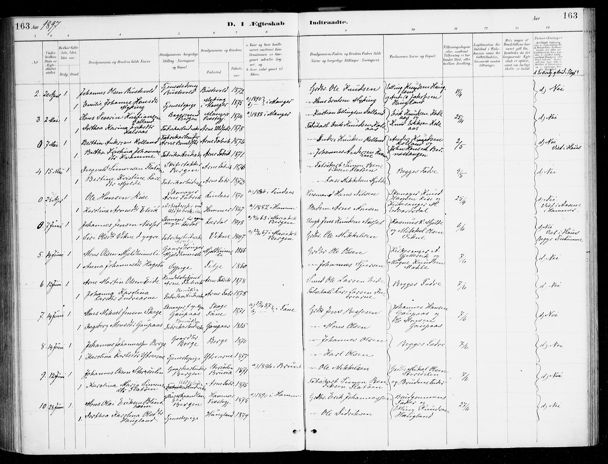 Haus sokneprestembete, AV/SAB-A-75601/H/Haa/Haad/L0001: Parish register (official) no. D 1, 1887-1898, p. 163