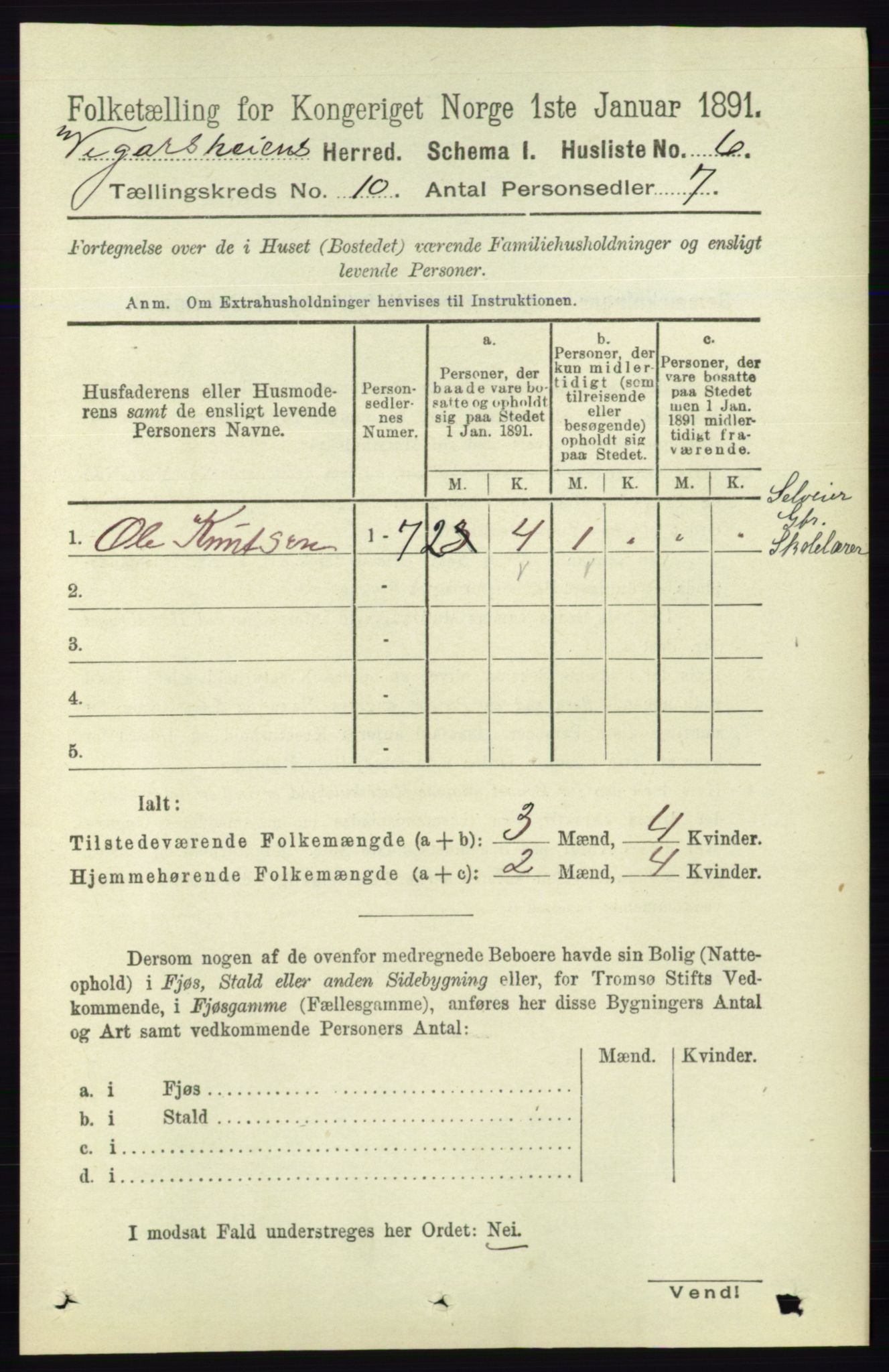 RA, 1891 census for 0912 Vegårshei, 1891, p. 1884