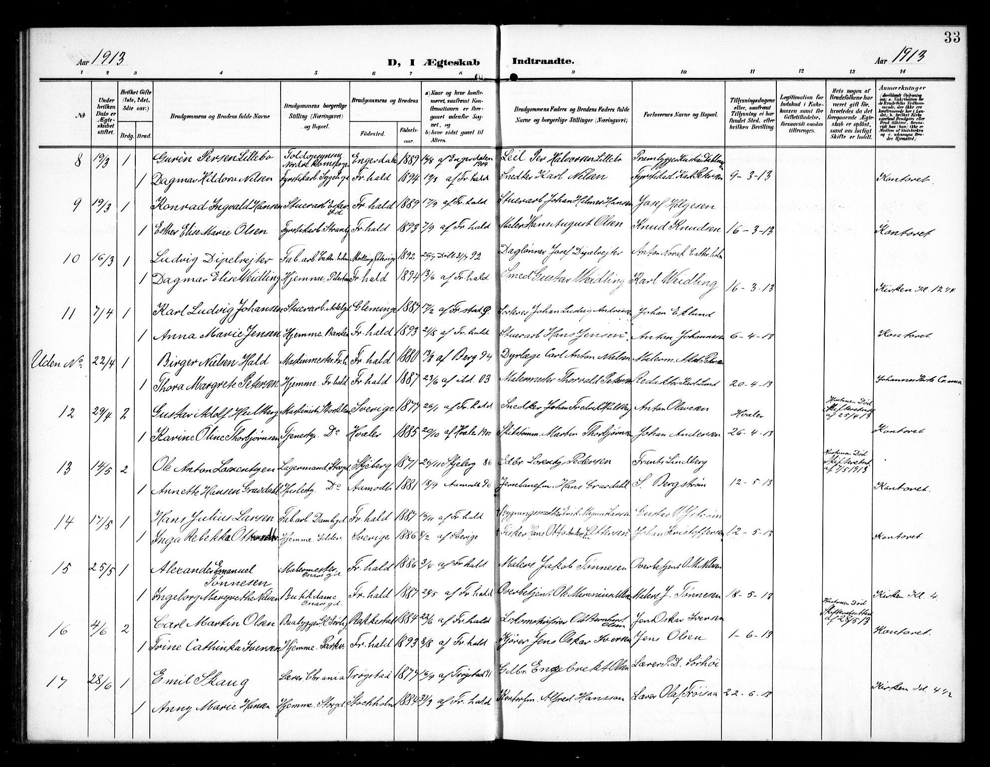 Halden prestekontor Kirkebøker, AV/SAO-A-10909/G/Ga/L0011: Parish register (copy) no. 11, 1906-1934, p. 33