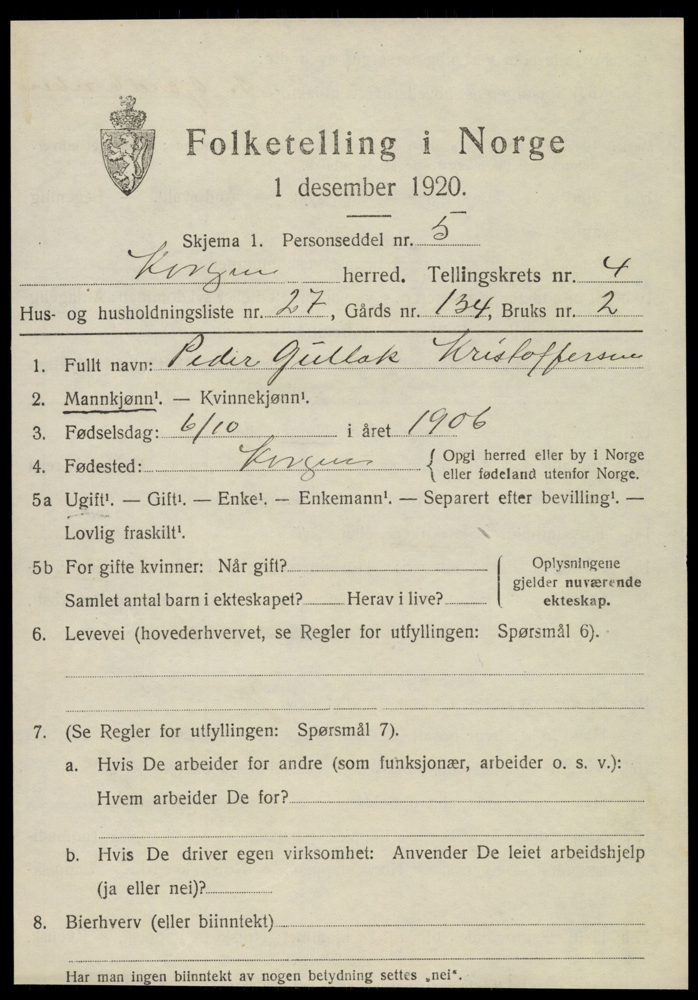 SAT, 1920 census for Korgen, 1920, p. 2076