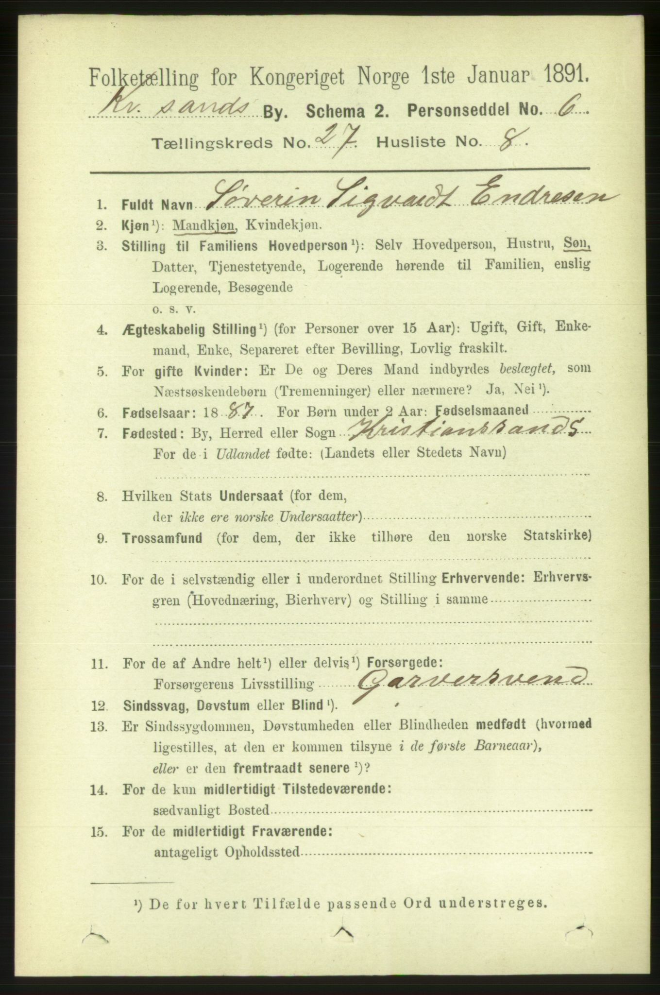 RA, 1891 census for 1001 Kristiansand, 1891, p. 9480