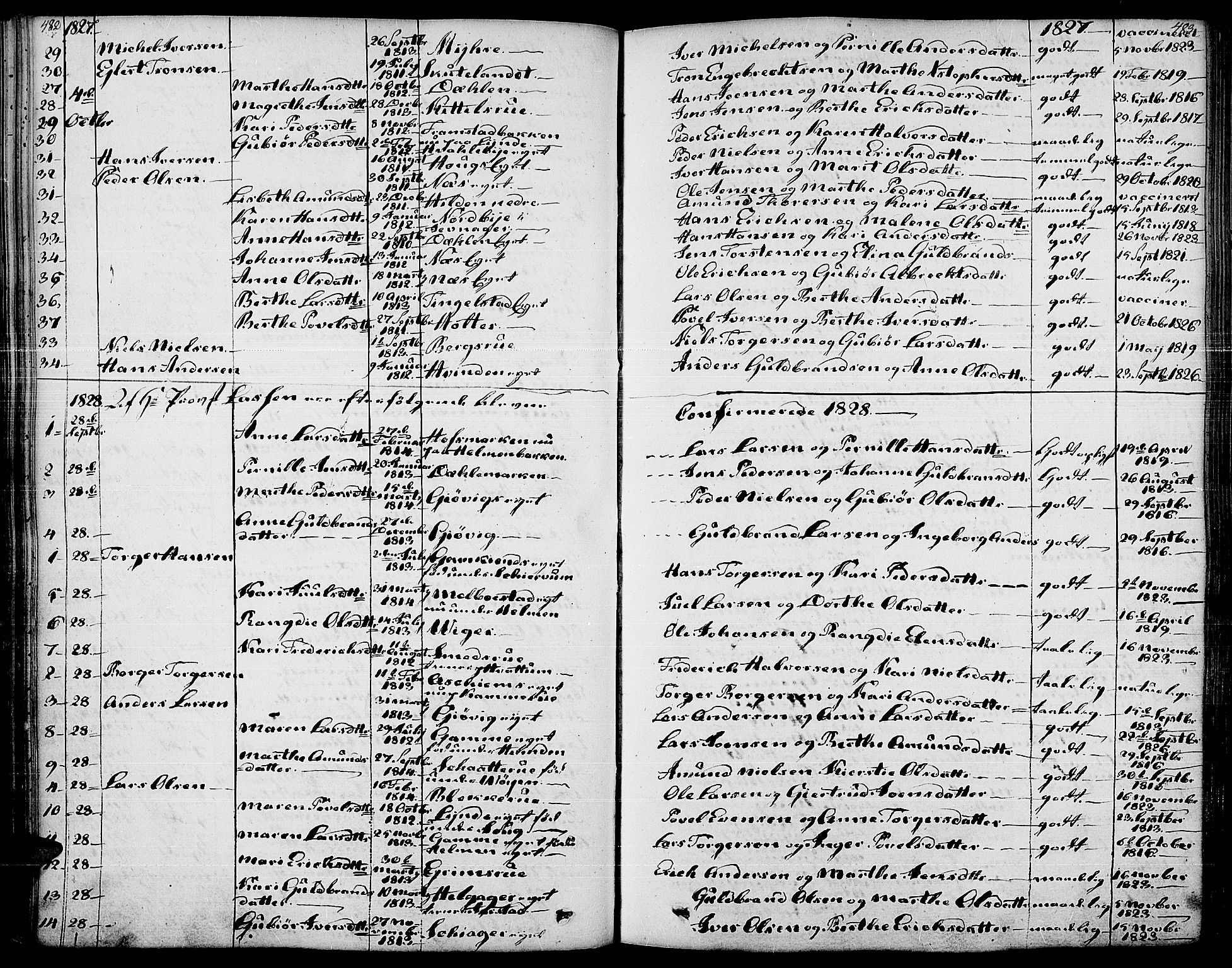Gran prestekontor, SAH/PREST-112/H/Ha/Haa/L0010: Parish register (official) no. 10, 1824-1842, p. 482-483
