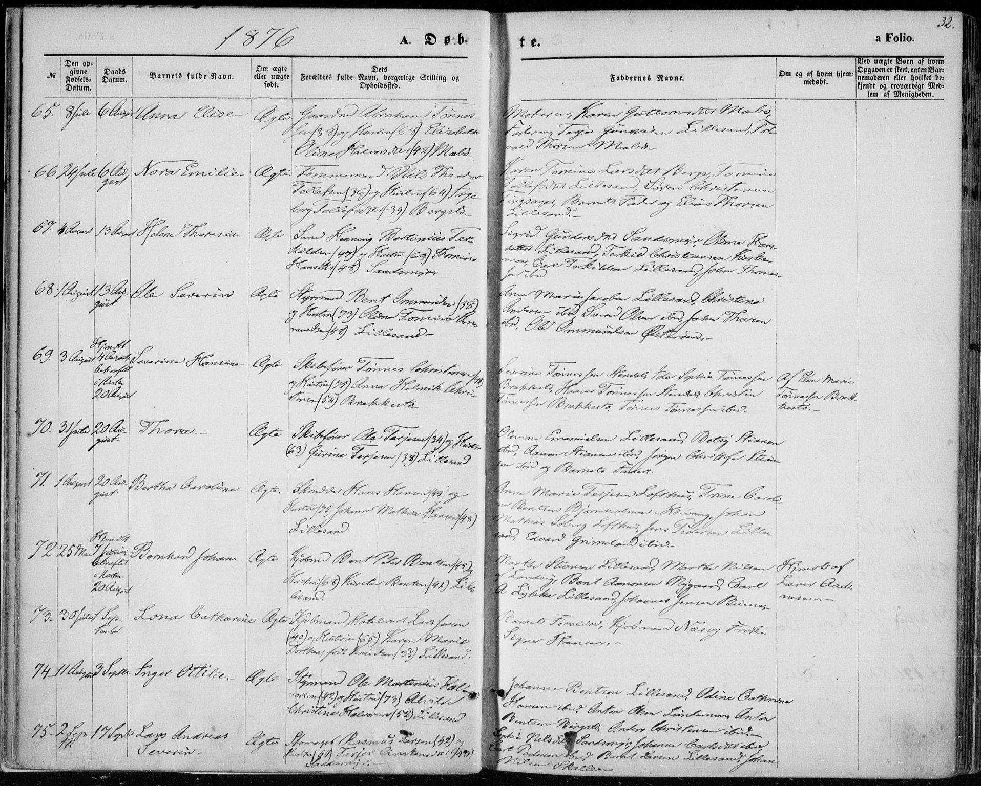 Vestre Moland sokneprestkontor, AV/SAK-1111-0046/F/Fa/Fab/L0008: Parish register (official) no. A 8, 1873-1883, p. 32