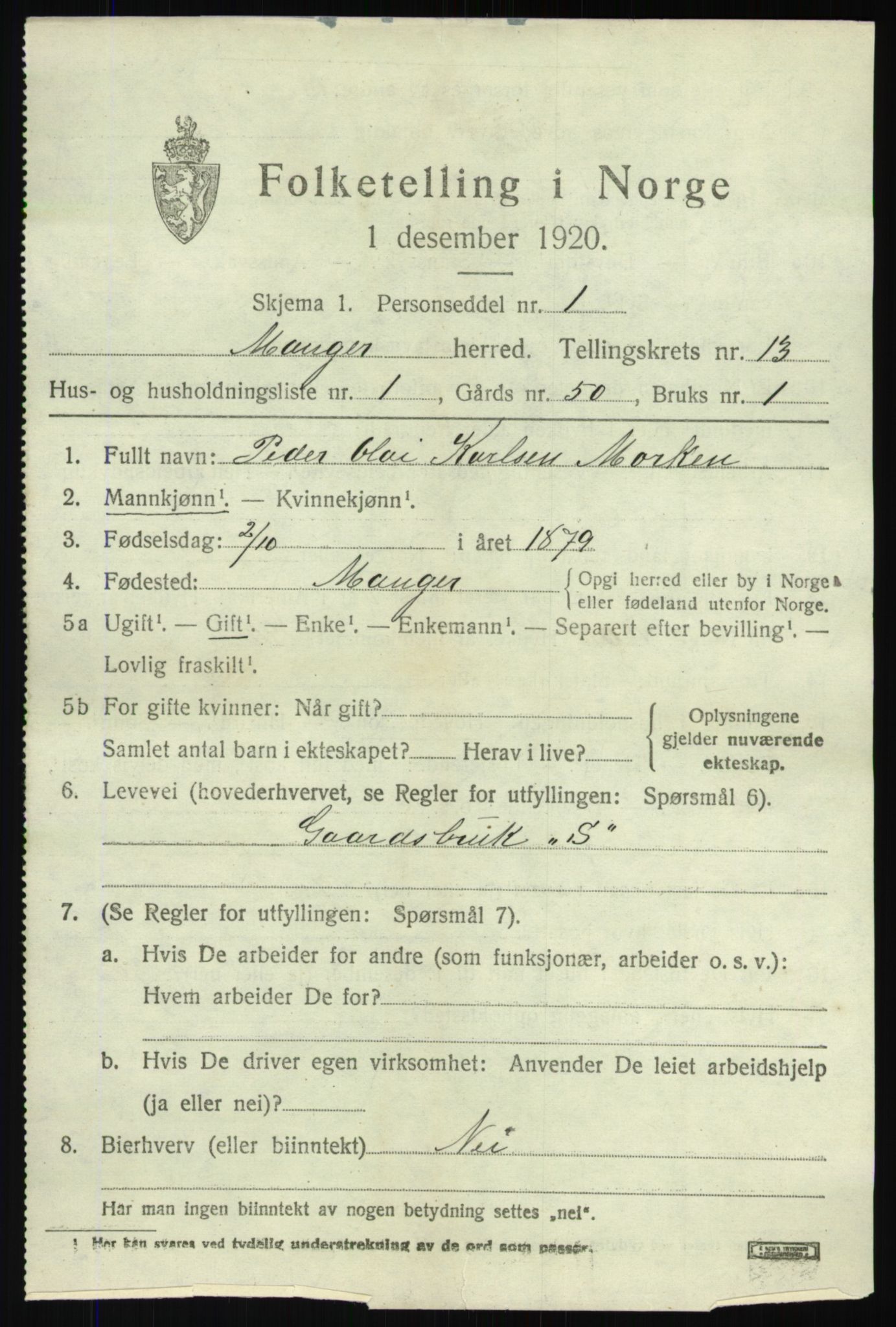 SAB, 1920 census for Manger, 1920, p. 7750