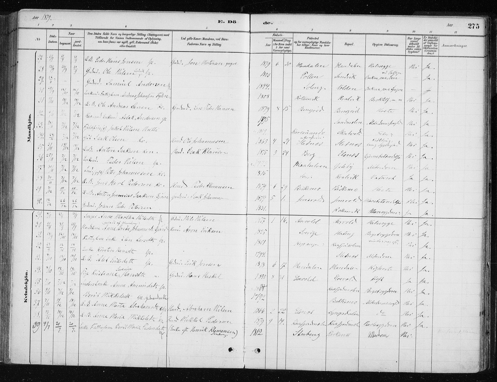 Lyngen sokneprestembete, AV/SATØ-S-1289/H/He/Hea/L0007kirke: Parish register (official) no. 7, 1879-1890, p. 275