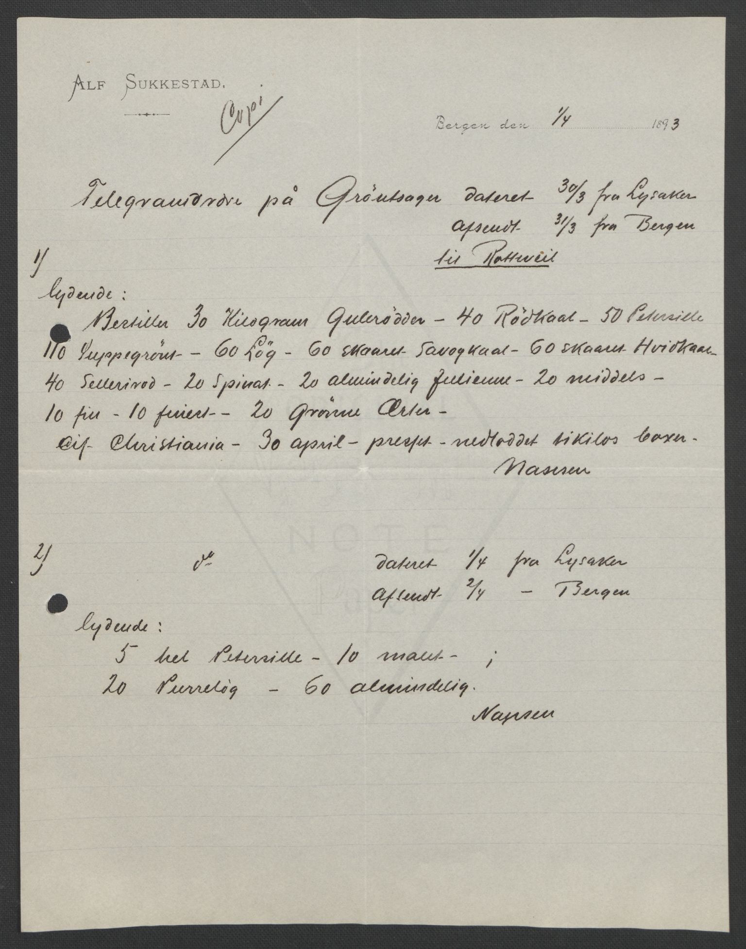 Arbeidskomitéen for Fridtjof Nansens polarekspedisjon, AV/RA-PA-0061/D/L0004: Innk. brev og telegrammer vedr. proviant og utrustning, 1892-1893, p. 799