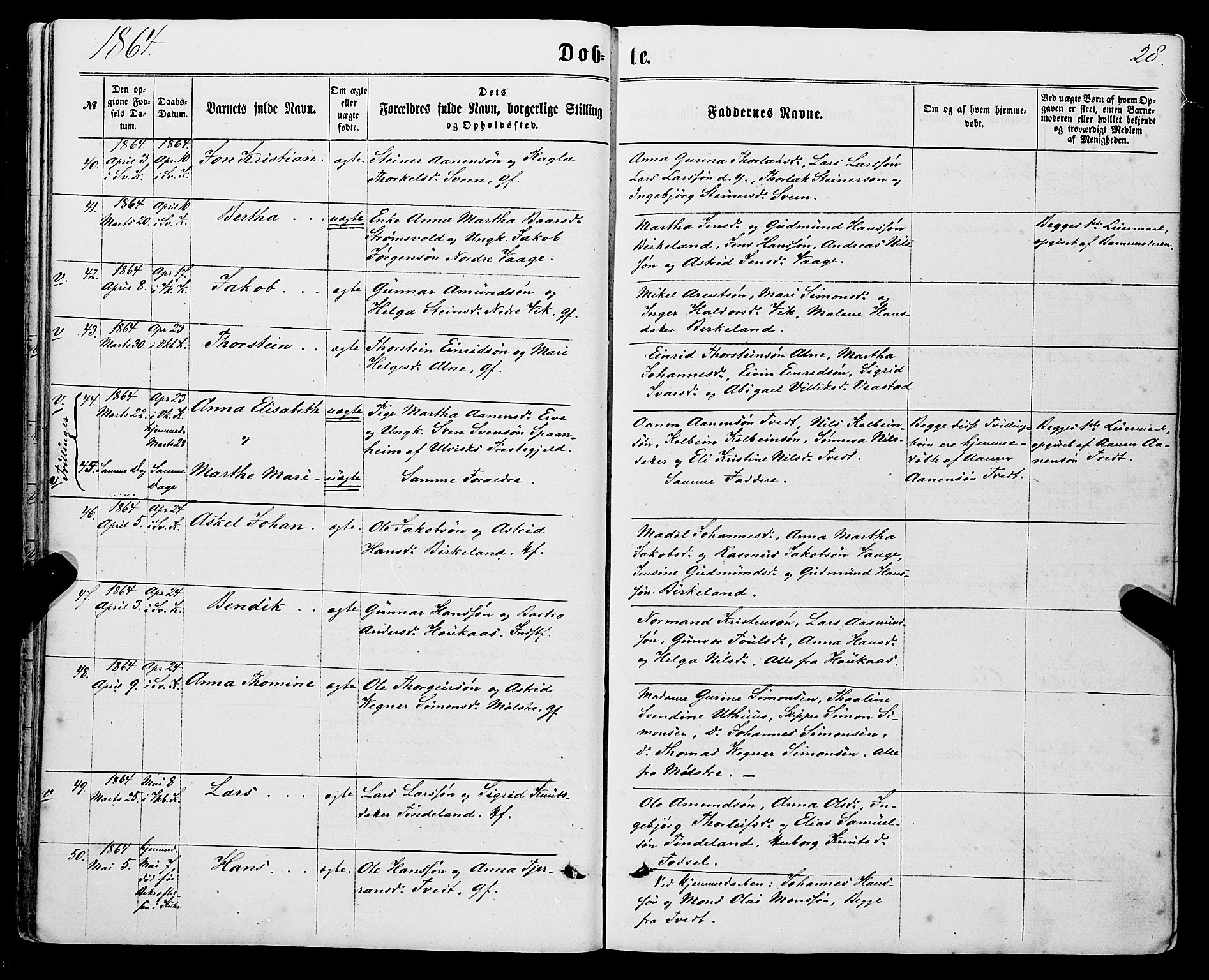 Sveio Sokneprestembete, AV/SAB-A-78501/H/Haa: Parish register (official) no. A 1, 1861-1877, p. 28