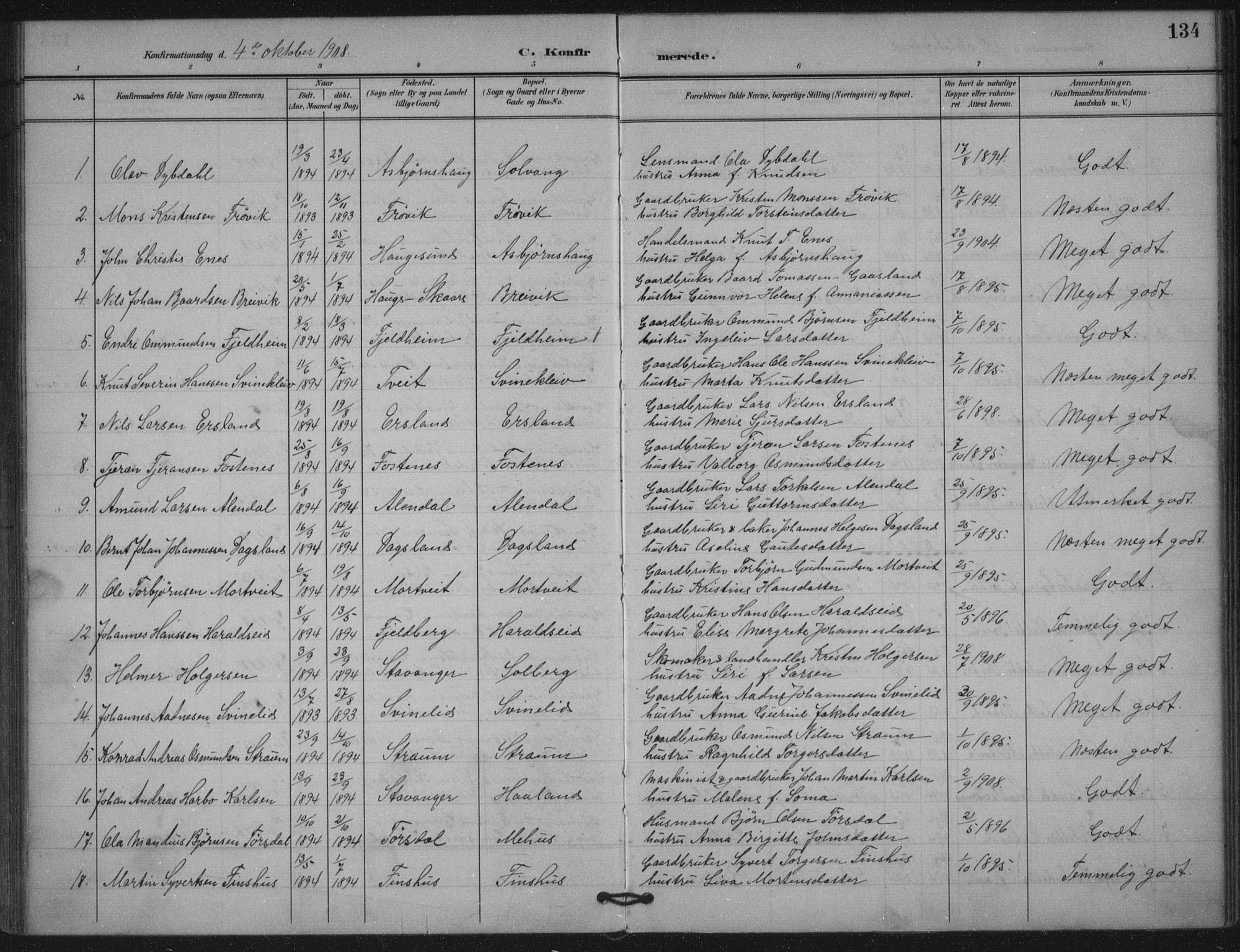 Skjold sokneprestkontor, AV/SAST-A-101847/H/Ha/Haa/L0011: Parish register (official) no. A 11, 1897-1914, p. 134