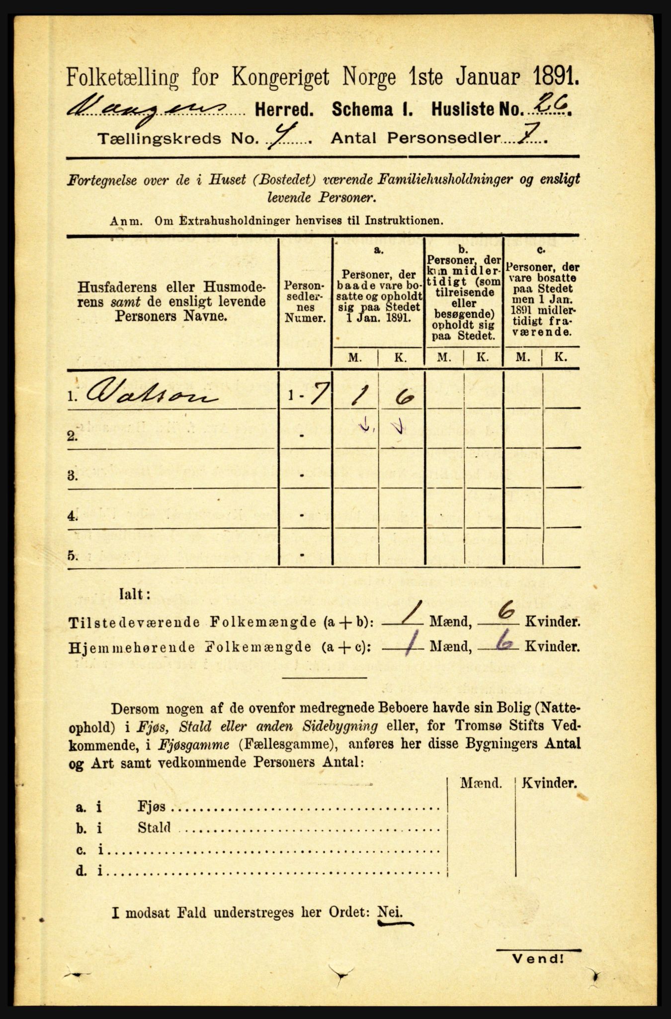 RA, 1891 census for 1865 Vågan, 1891, p. 906