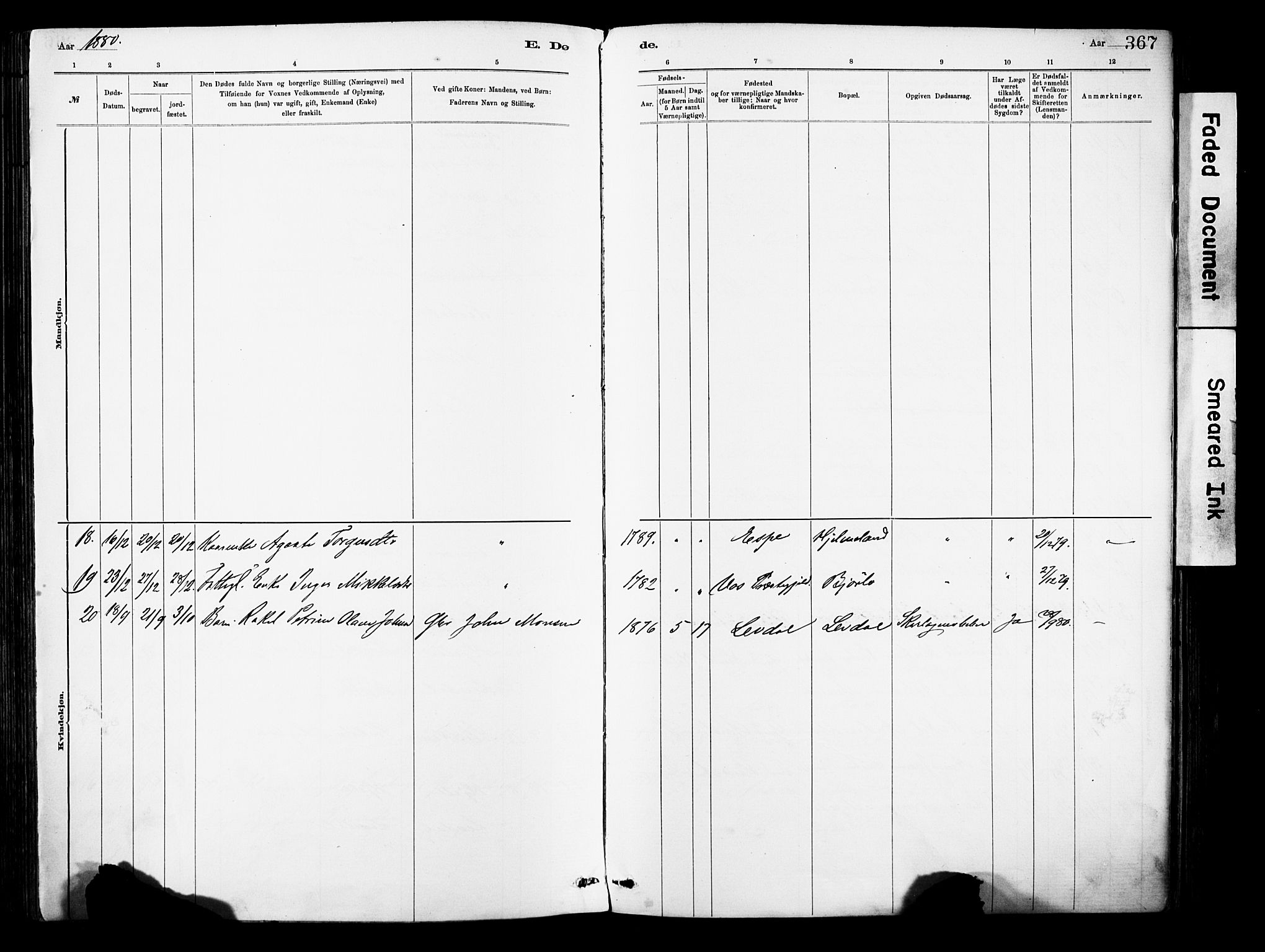 Eid sokneprestembete, AV/SAB-A-82301/H/Haa/Haab/L0001: Parish register (official) no. B 1, 1879-1906, p. 367