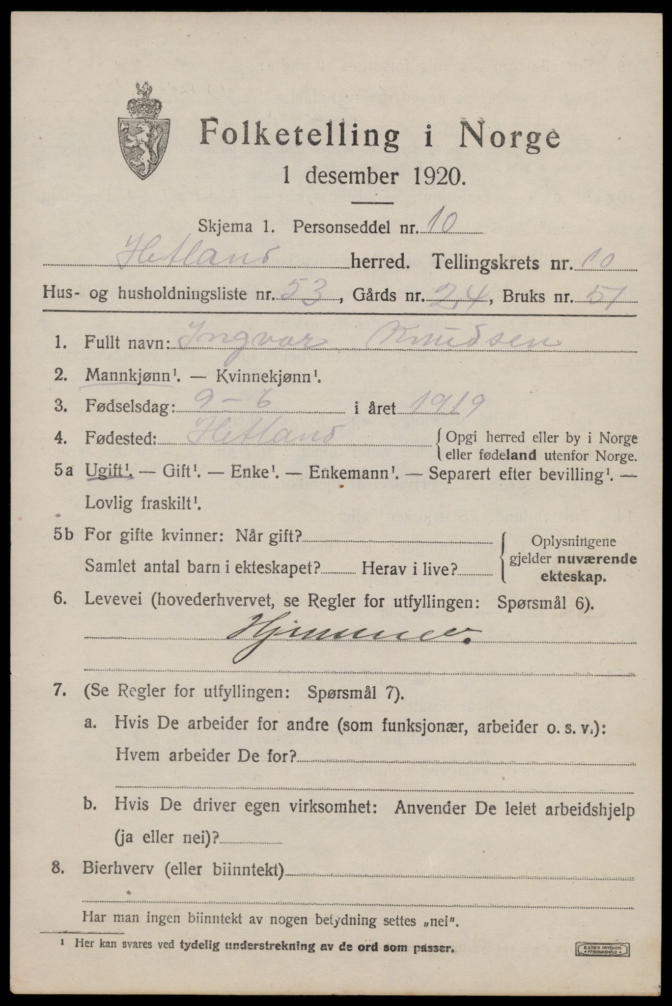 SAST, 1920 census for Hetland, 1920, p. 19677