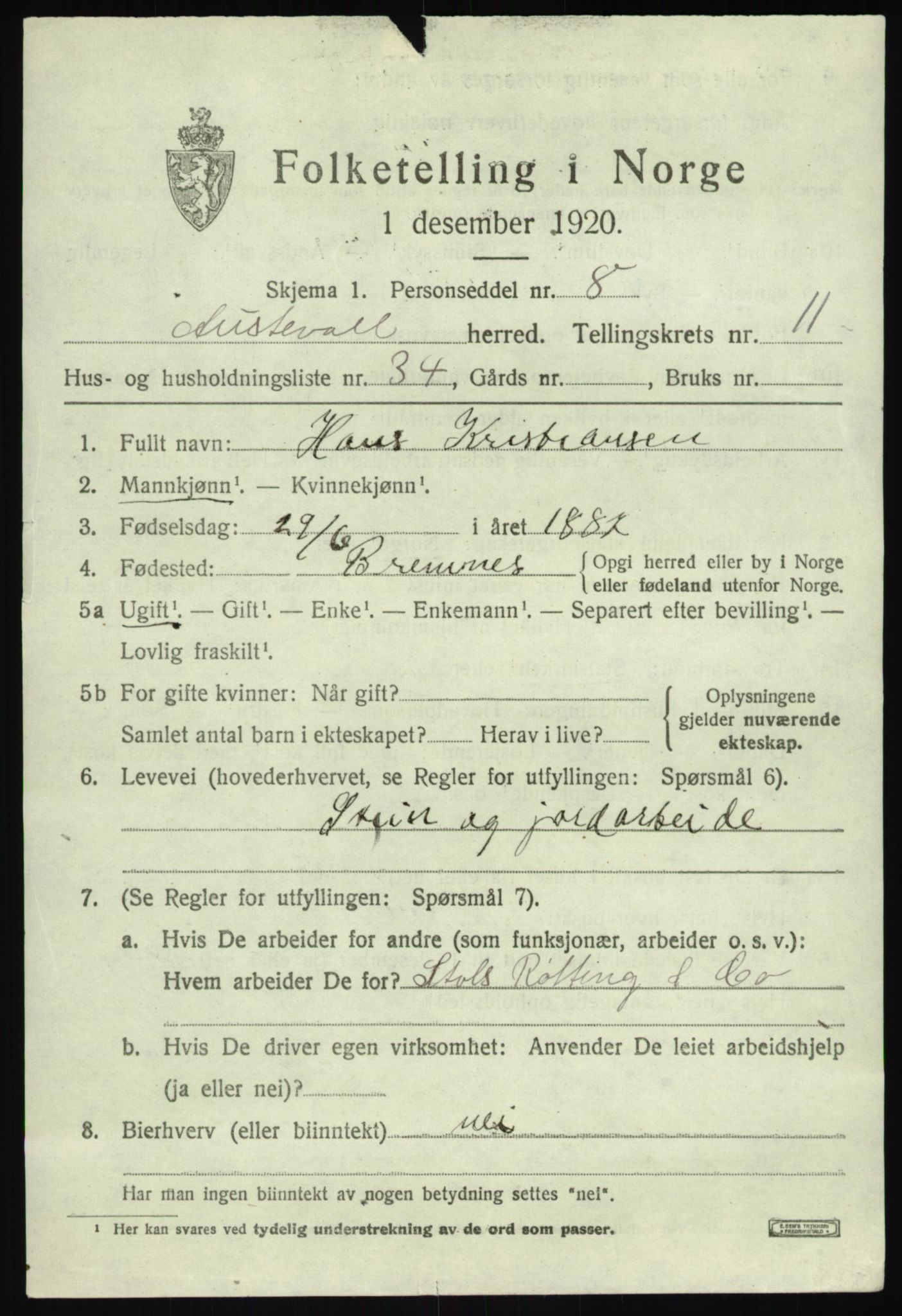 SAB, 1920 census for Austevoll, 1920, p. 6534