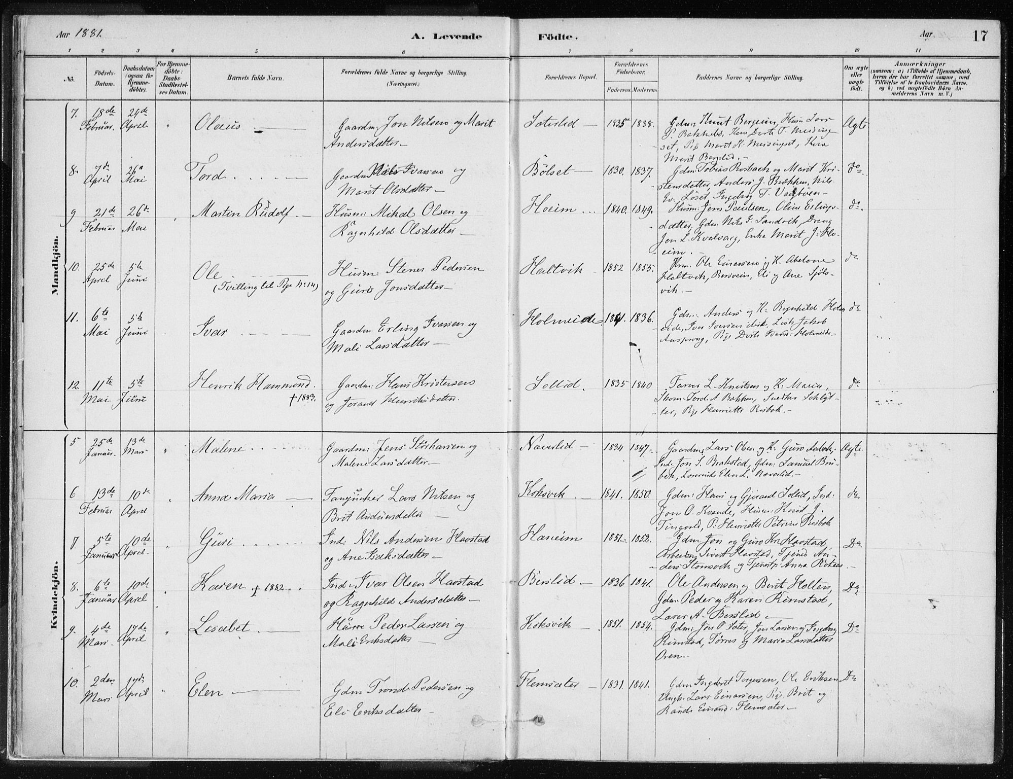 Ministerialprotokoller, klokkerbøker og fødselsregistre - Møre og Romsdal, AV/SAT-A-1454/586/L0987: Parish register (official) no. 586A13, 1879-1892, p. 17