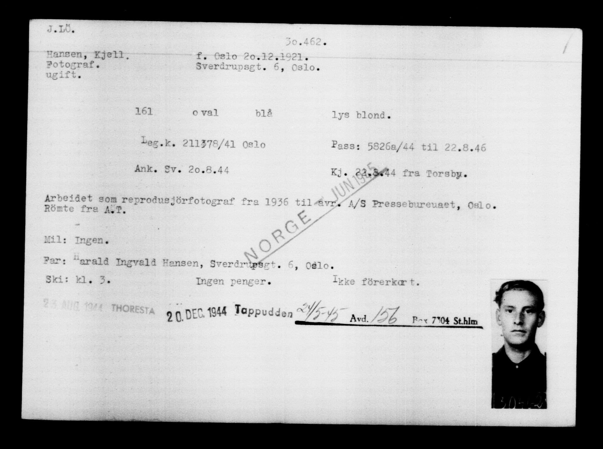 Utenriksstasjonene, Legasjonen i Stockholm, Flyktningkontoret, AV/RA-S-6753/V/Va/L0012: Kjesäterkartoteket, flyktninger med registreringsnr. 28300-31566, 1940-1945, p. 2362