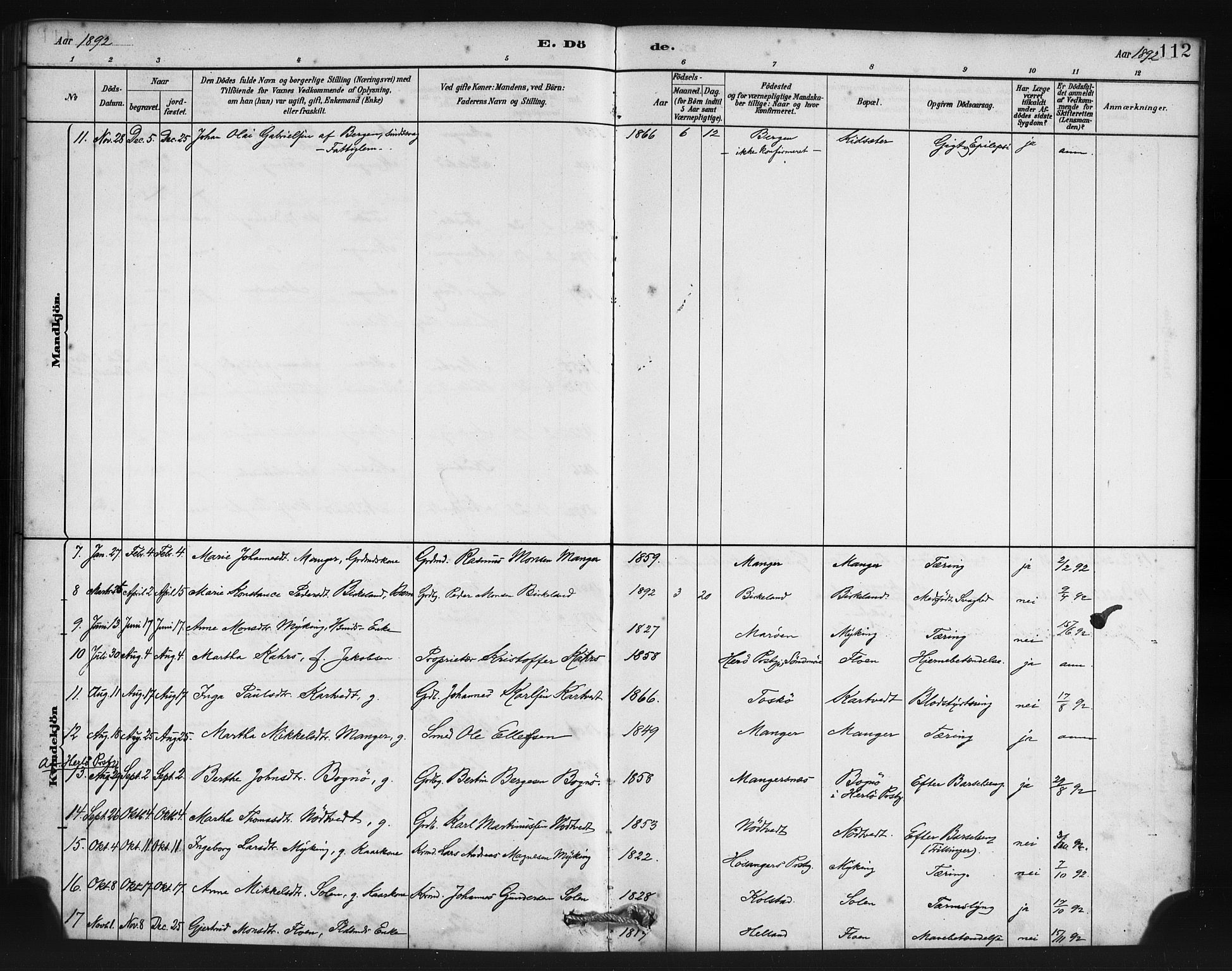 Manger sokneprestembete, AV/SAB-A-76801/H/Haa: Parish register (official) no. B 1, 1881-1892, p. 112