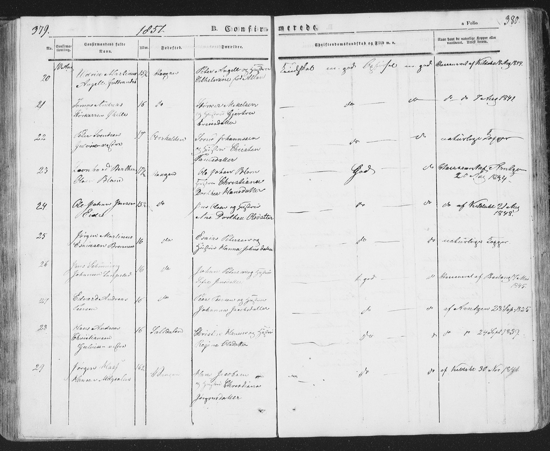 Ministerialprotokoller, klokkerbøker og fødselsregistre - Nordland, AV/SAT-A-1459/874/L1072: Parish register (copy) no. 874C01, 1843-1859, p. 379-380