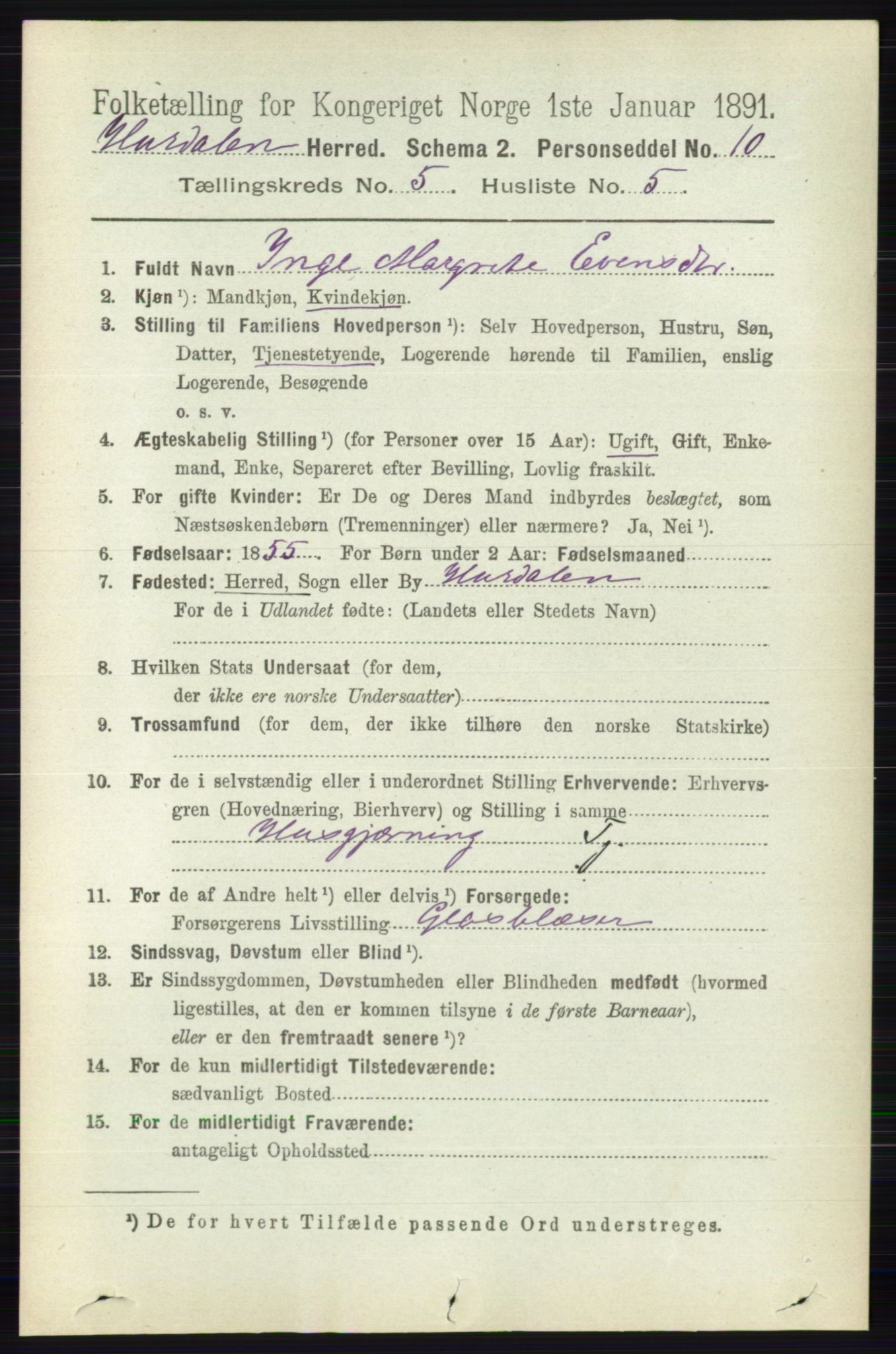 RA, 1891 census for 0239 Hurdal, 1891, p. 2073