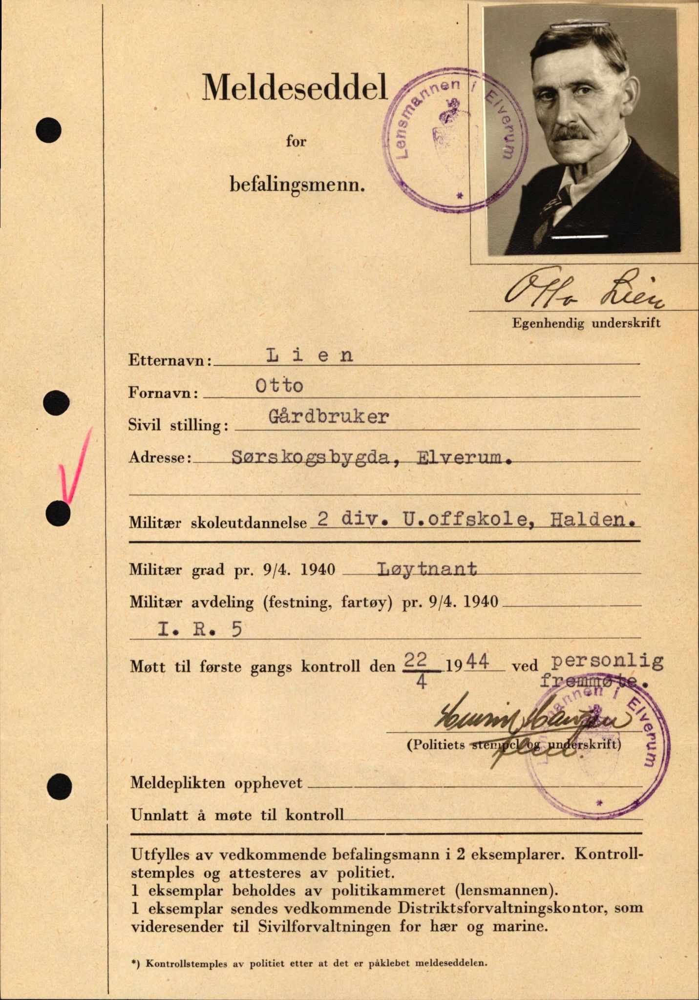 Forsvaret, Forsvarets krigshistoriske avdeling, AV/RA-RAFA-2017/Y/Yf/L0209: II-C-11-2121  -  Okkupasjonstiden.  Meldesedler for befal med foto og oppl. om militær grad 9. apr. 1940., 1944-1945, p. 81